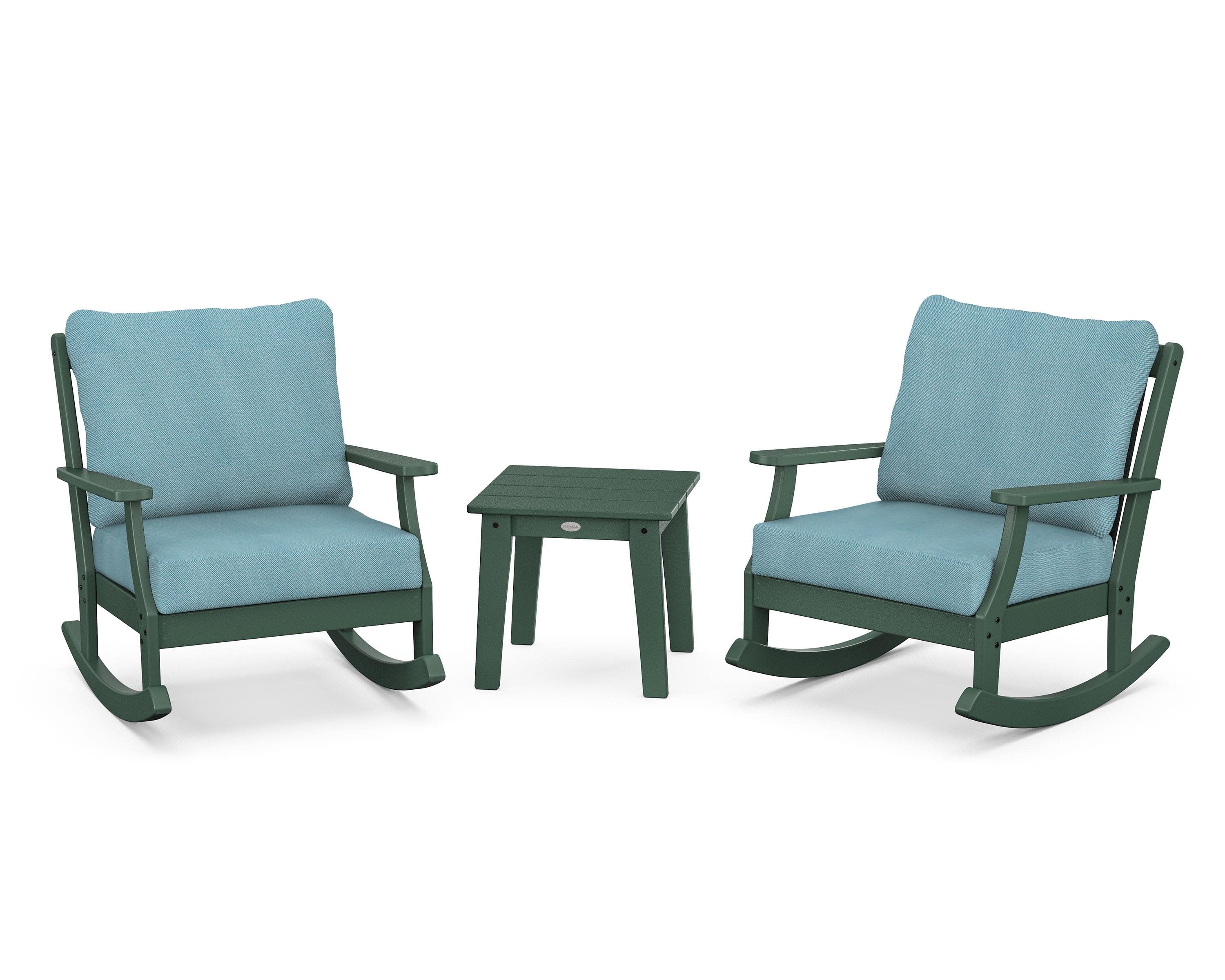Braxton 3-Piece Deep Seating Rocker Set in Green / Lattice Sky Blue