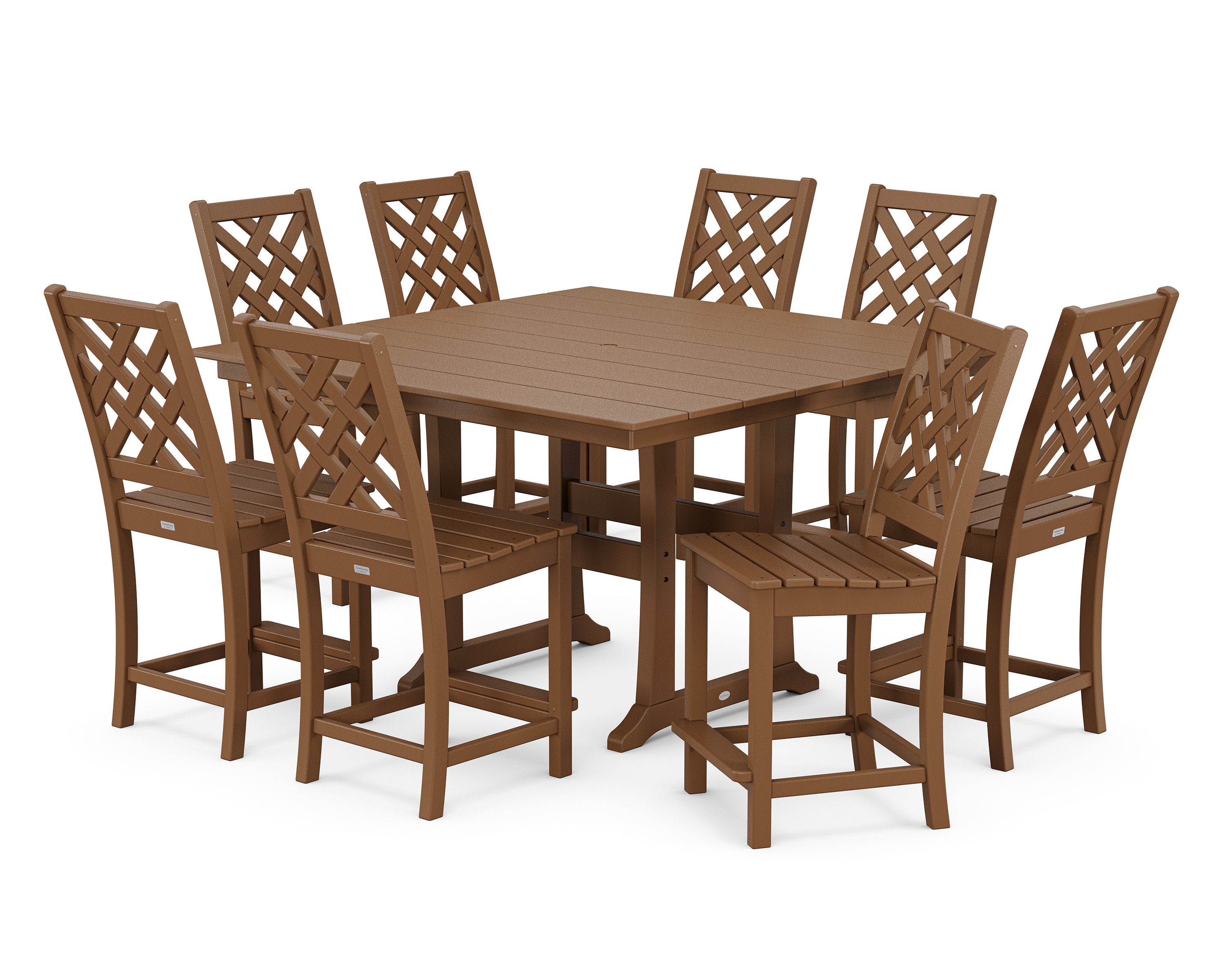 Wovendale Side Chair 9-Piece Square Farmhouse Counter Set with Trestle Legs in Teak