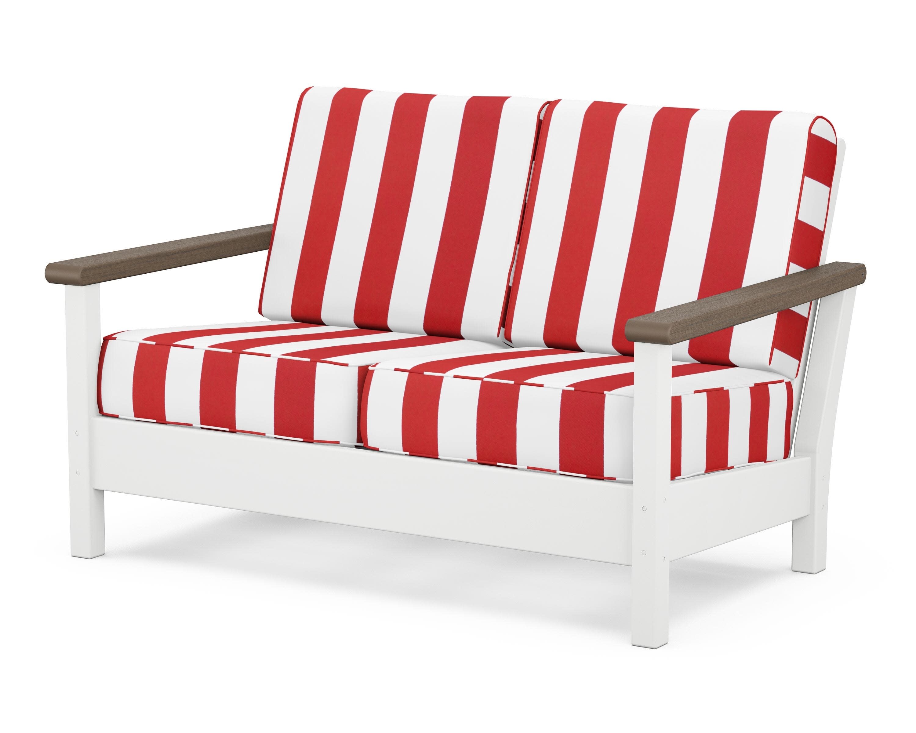 Harbour Deep Seating Loveseat in White / Kona / Cabana Stripe Crimson