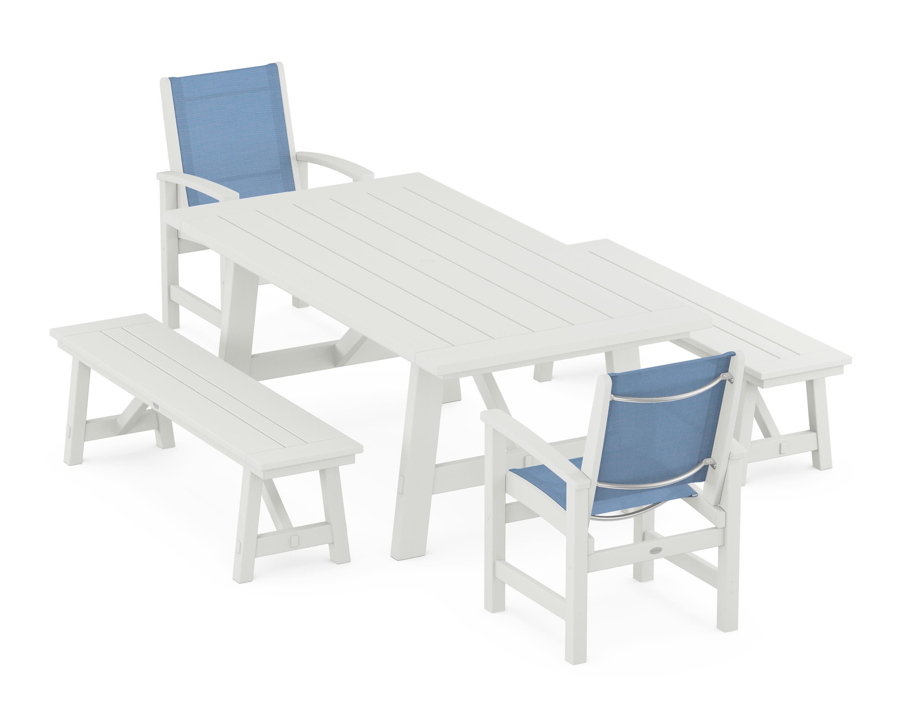 Coastal 5-Piece Rustic Farmhouse Dining Set With Benches in Vintage White / Poolside Sling