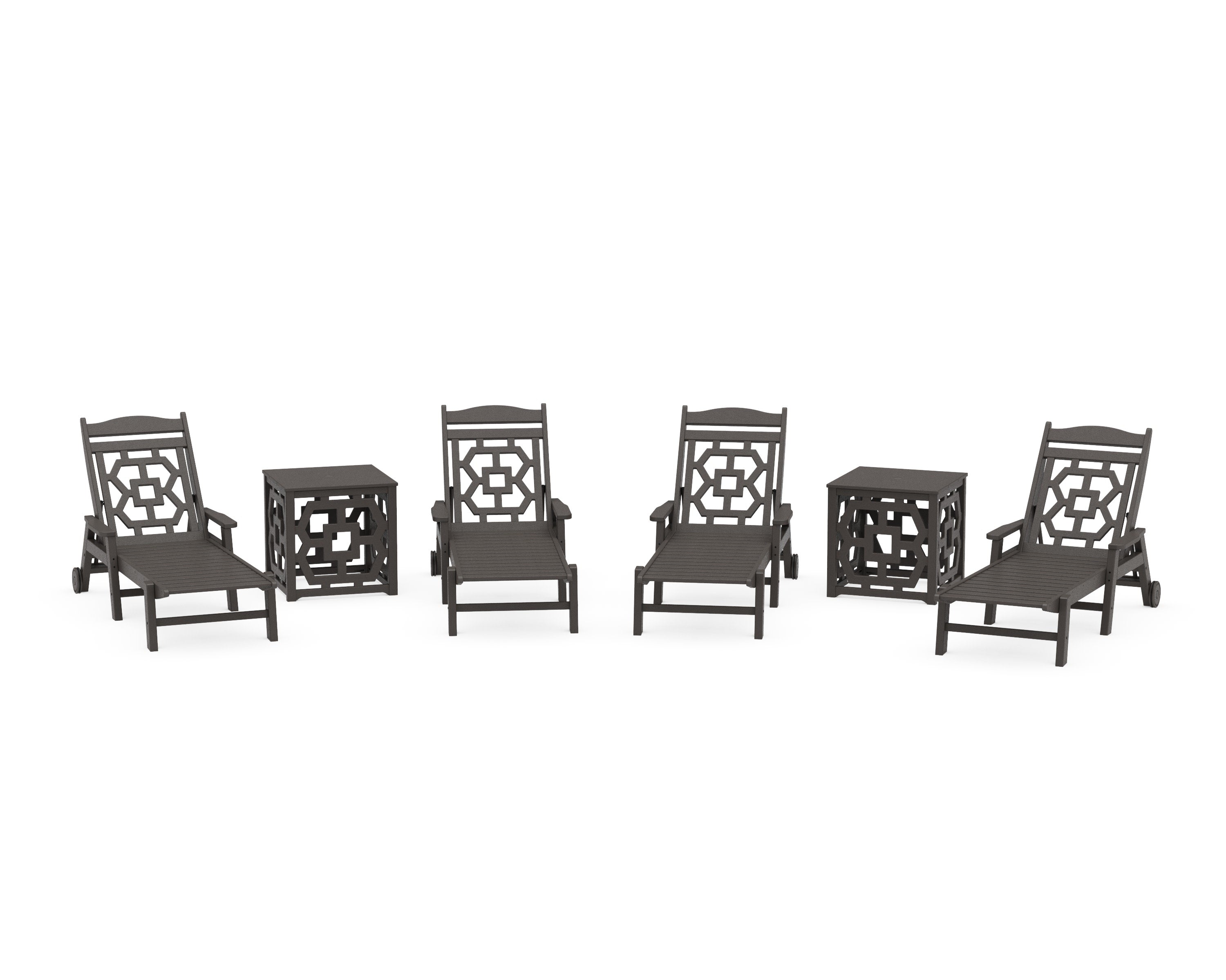 Chinoiserie 6-Piece Chaise Set with Umbrella Stand Accent Table in Vintage Coffee