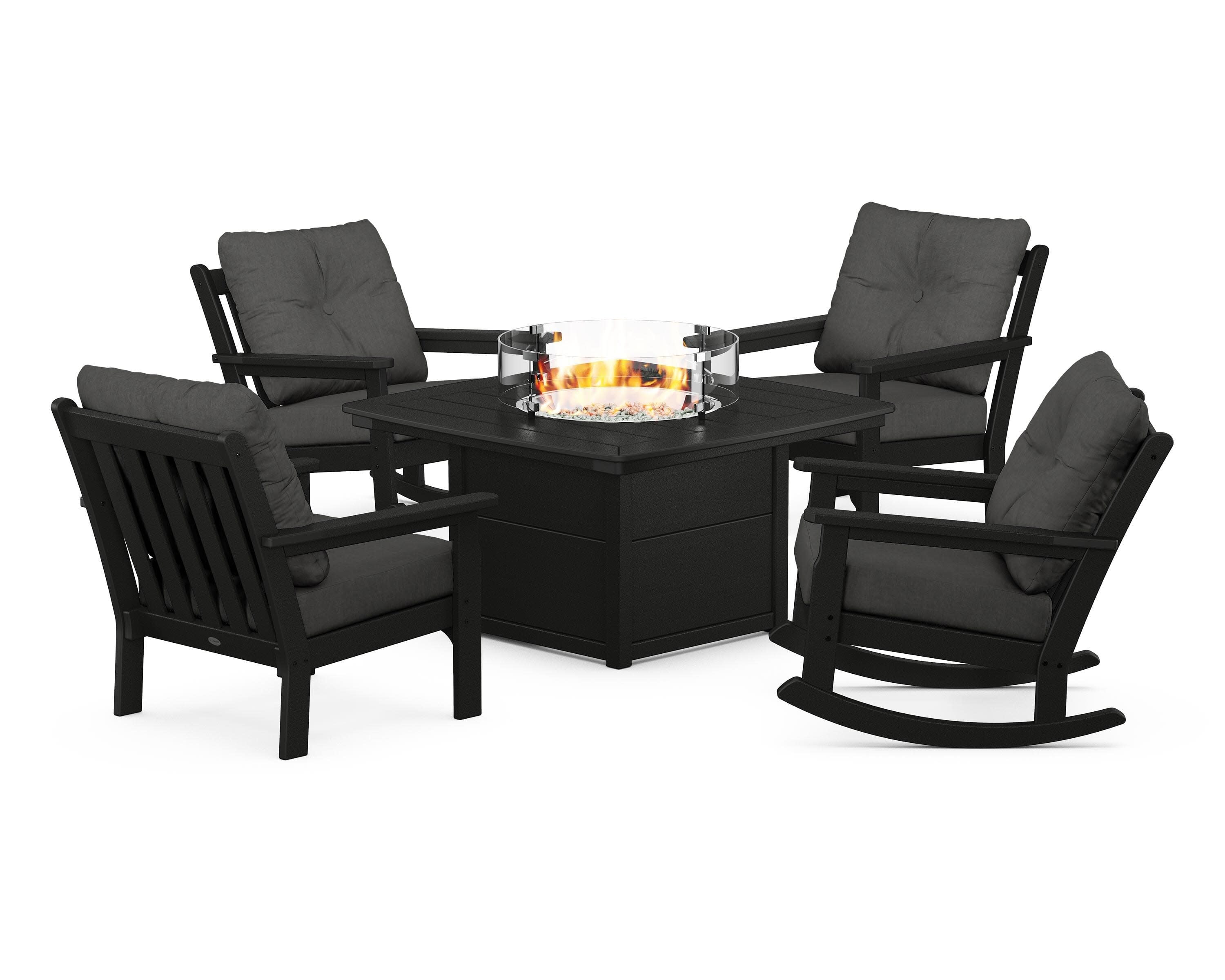 Vineyard 5-Piece Deep Seating Rocking Chair Conversation Set with Fire Pit Table in Black / Spectrum Carbon