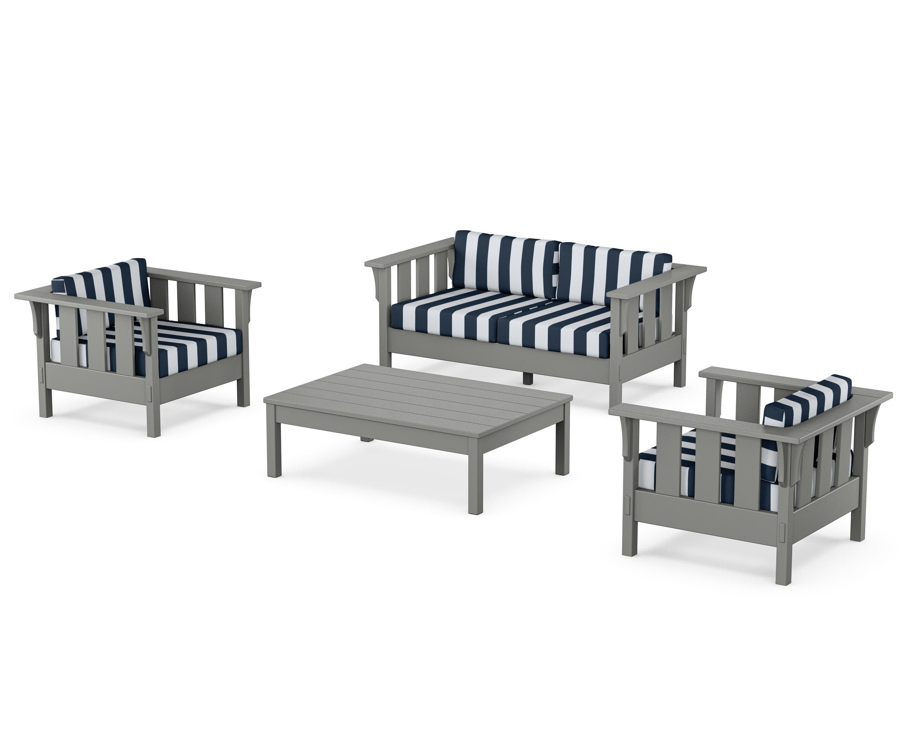 Acadia 4-Piece Deep Seating Set with Loveseat in Slate Grey / Cabana Stripe Marine Indigo