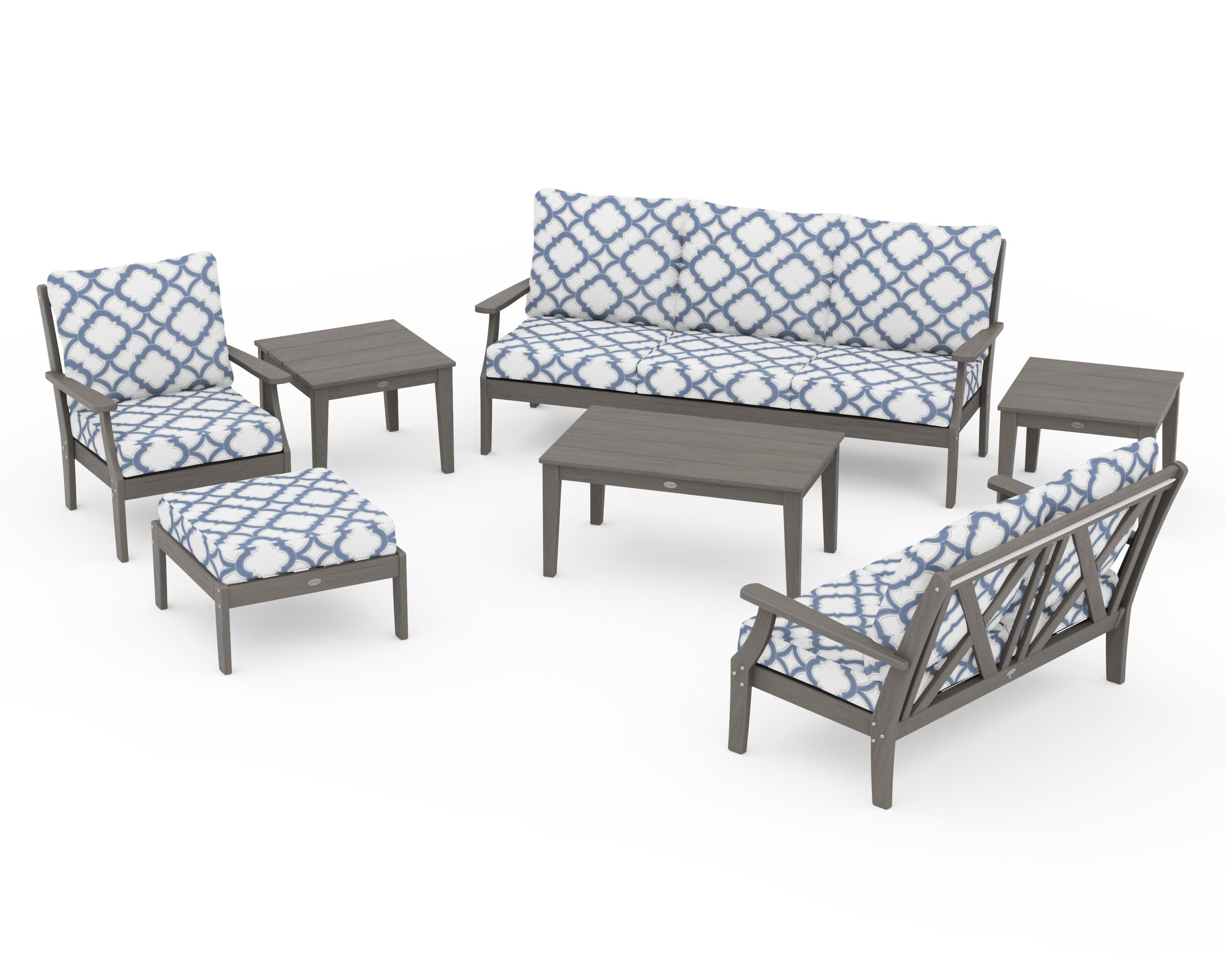 Braxton 7-Piece Deep Seating Set in Driftwood / Trellis Sky Blue