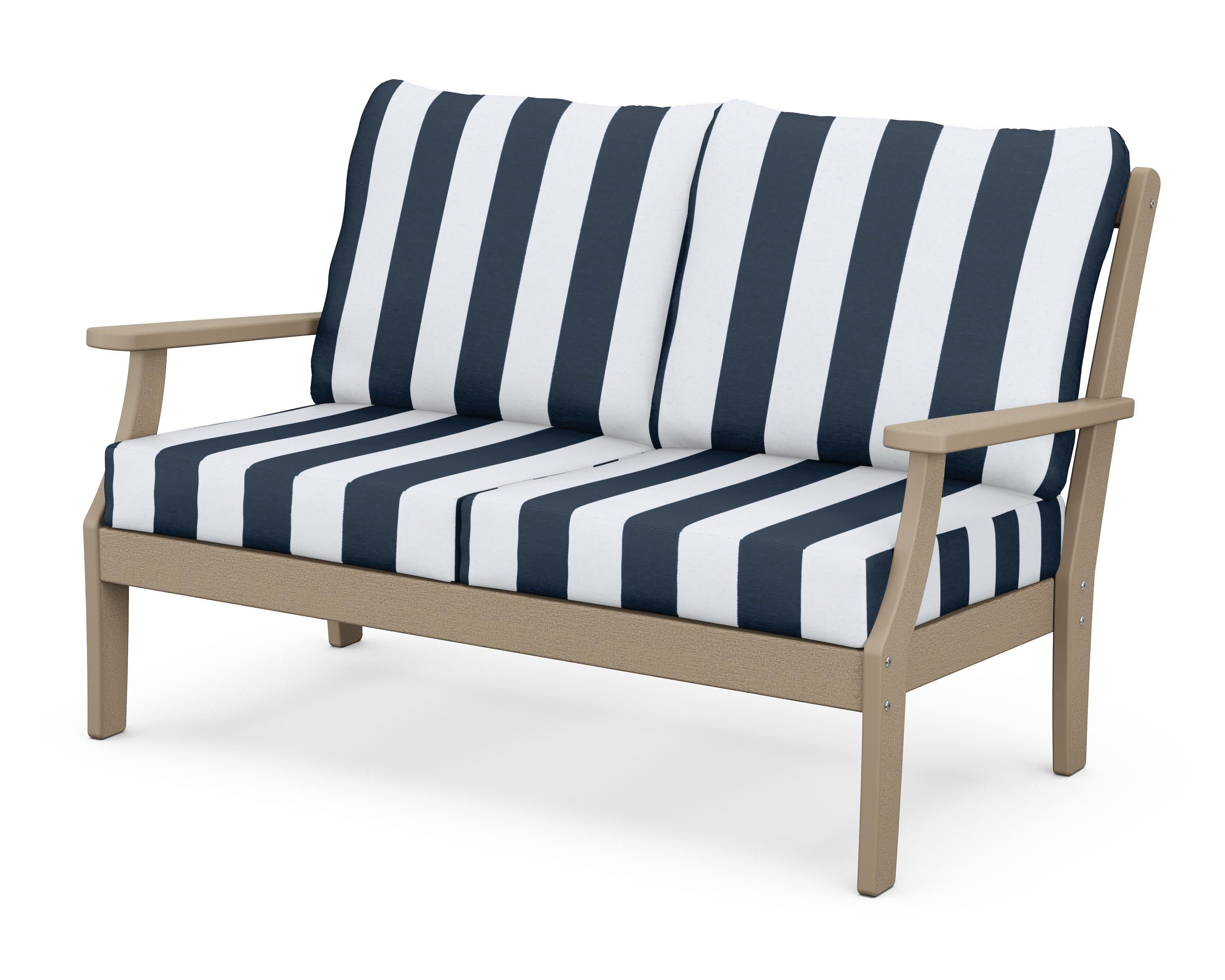 Braxton Deep Seating Loveseat in Vintage Sahara / Cabana Stripe Marine Indigo