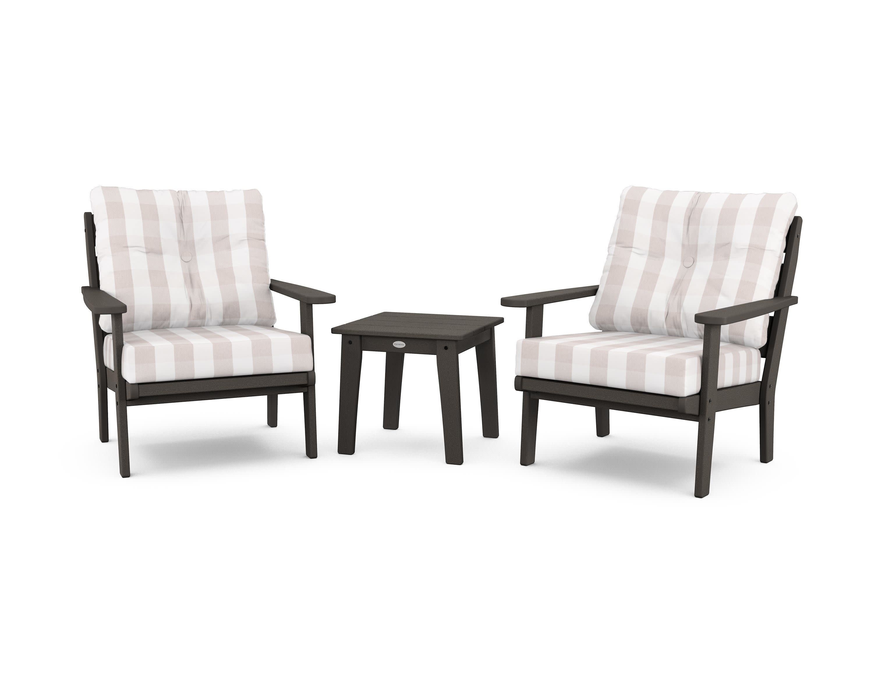 Lakeside 3-Piece Deep Seating Chair Set in Vintage Coffee / Buffalo Plaid Dune Burlap