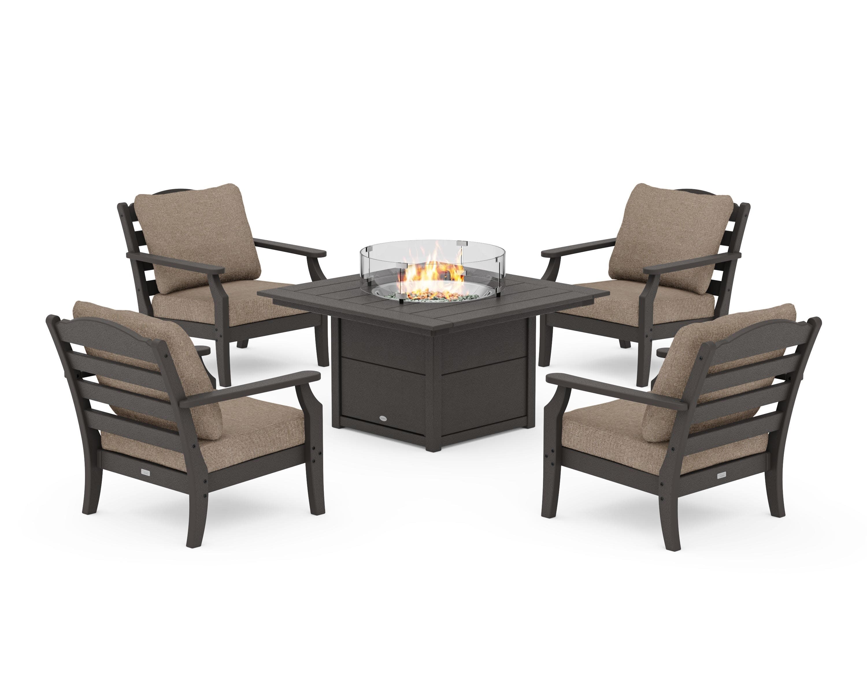 Savannah 5-Piece Deep Seating Set with Fire Pit Table in Vintage Coffee / Spiced Burlap