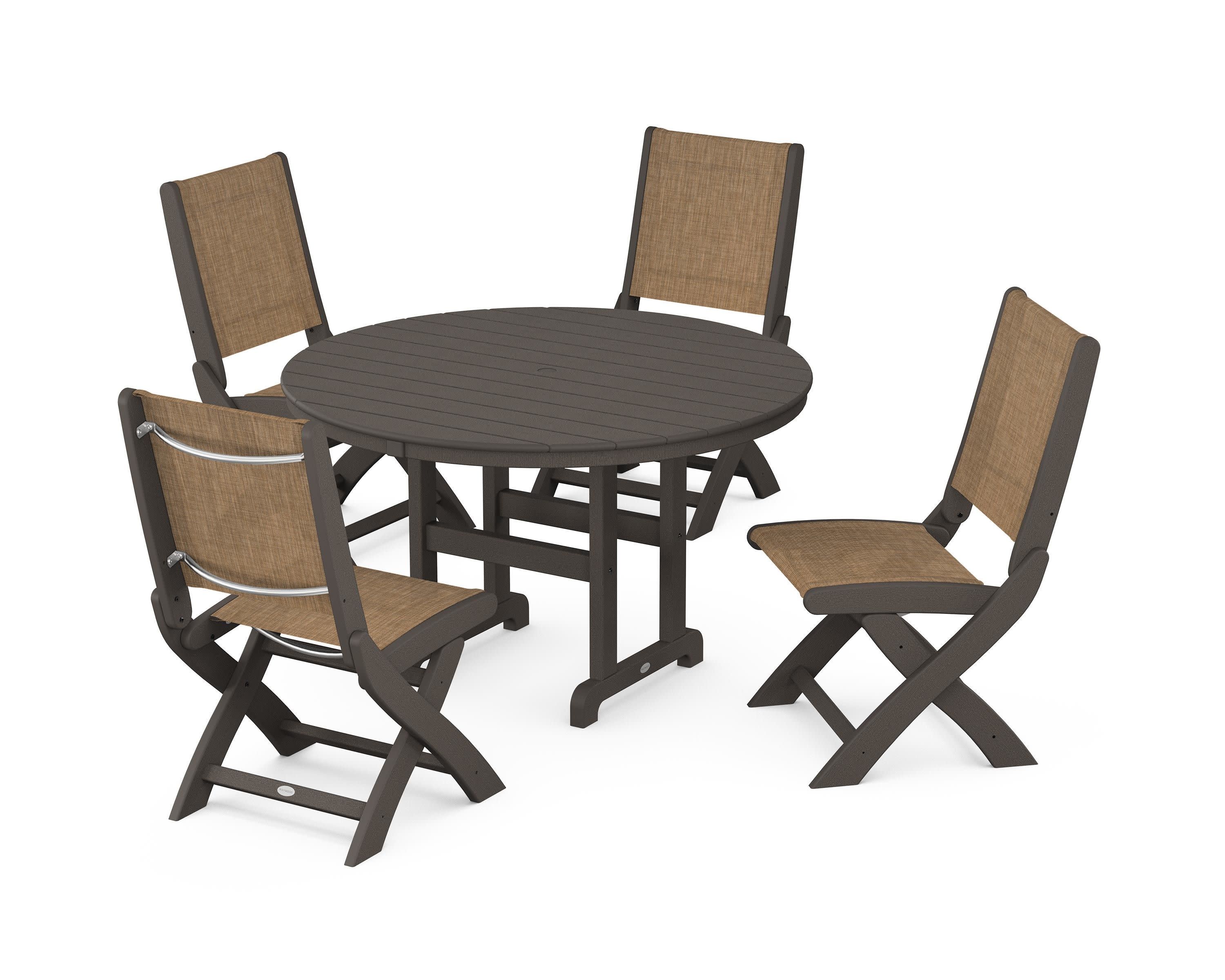 Coastal Folding Side Chair 5-Piece Round Dining Set in Vintage Coffee / Burlap Sling