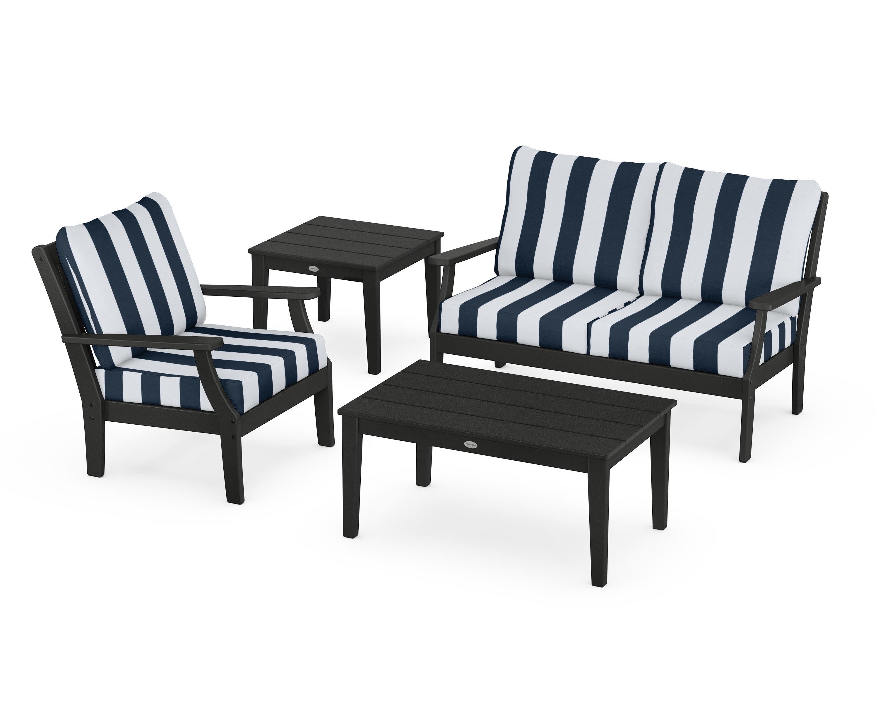 Braxton 4-Piece Deep Seating Set in Black / Cabana Stripe Marine Indigo