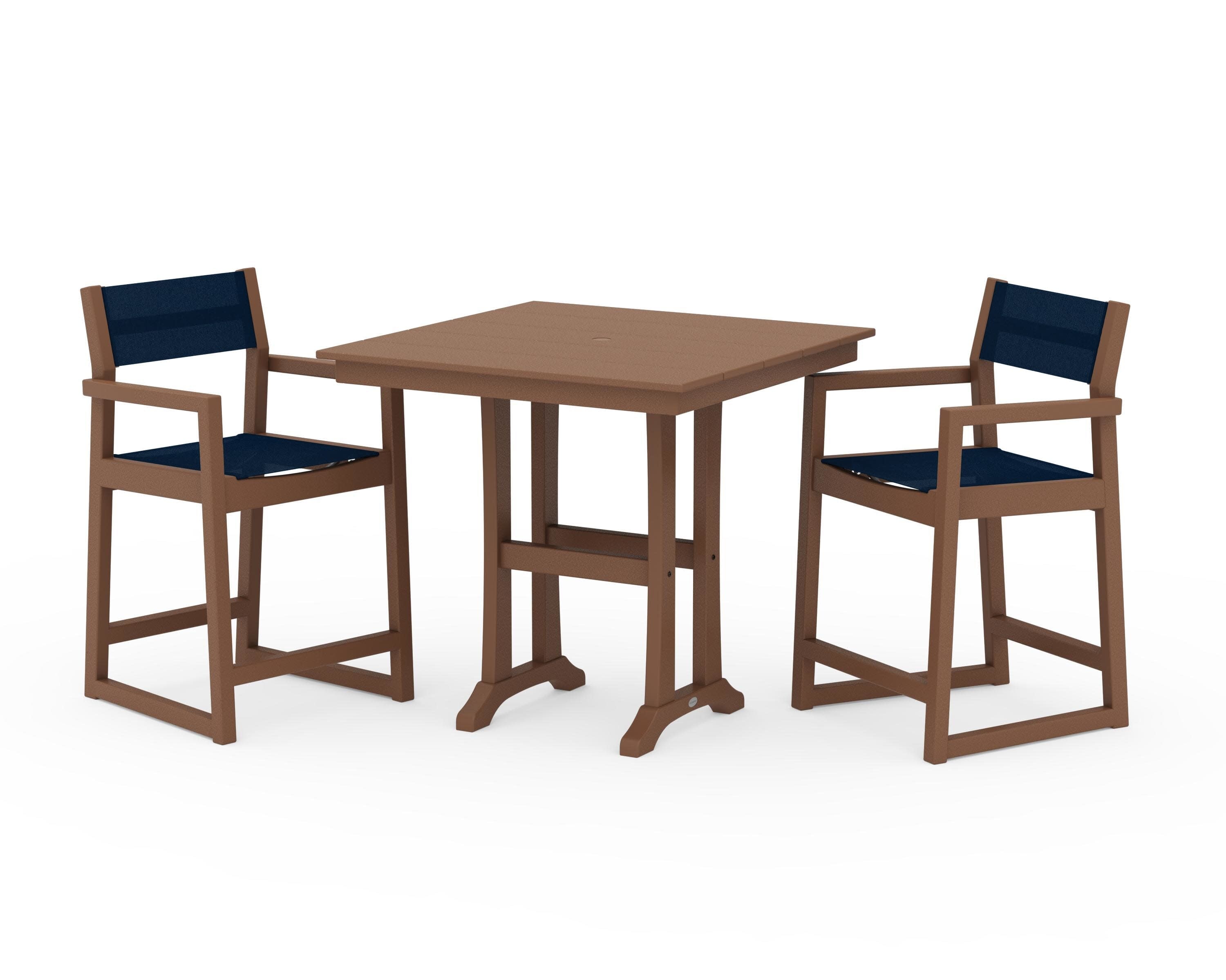 EDGE Sling Arm Chair 3-Piece Farmhouse Counter Set with Trestle Legs in Teak / Navy Blue Sling