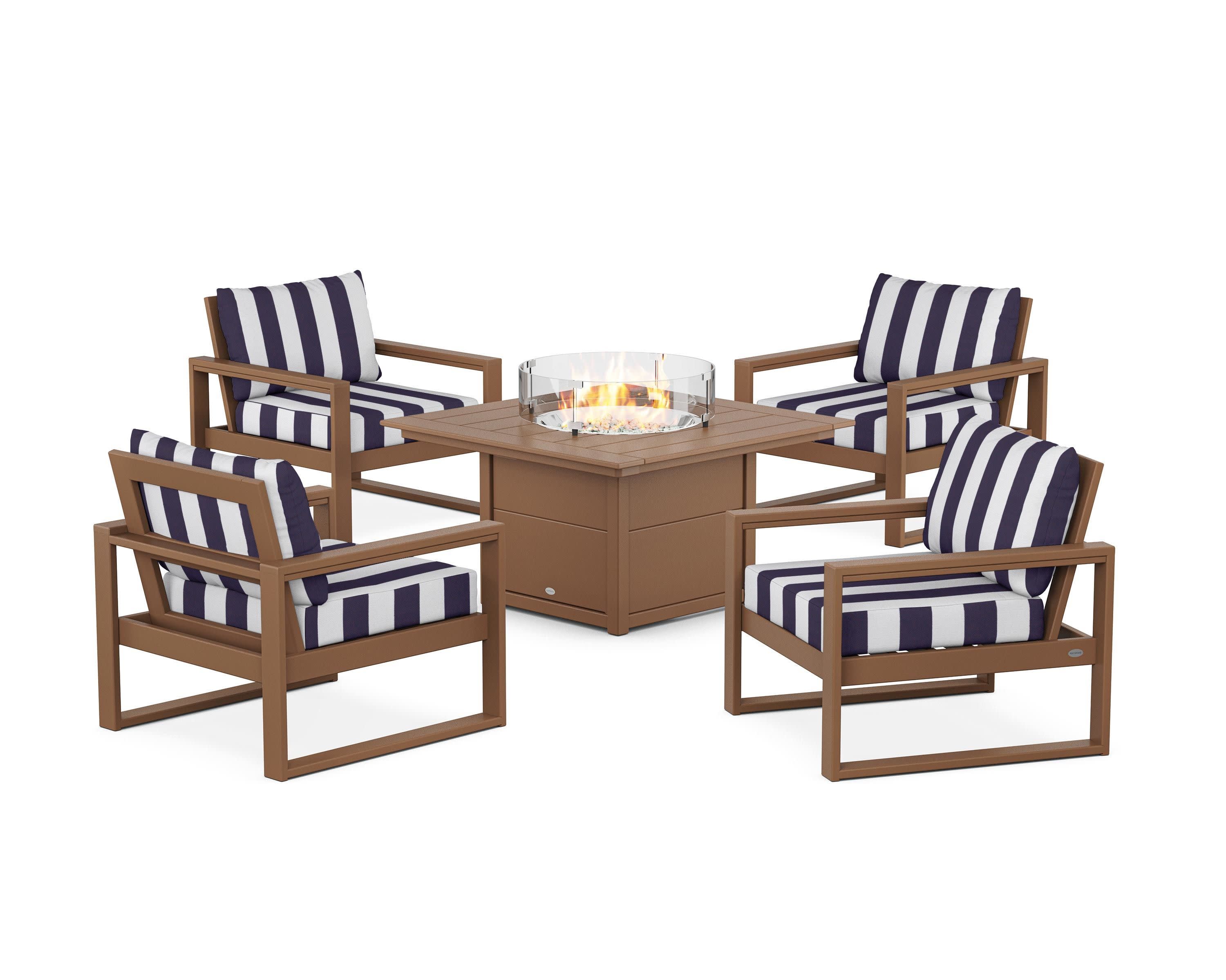 EDGE Sectional 5-Piece Deep Seating Set with Fire Pit Table in Teak / Cabana Stripe Navy