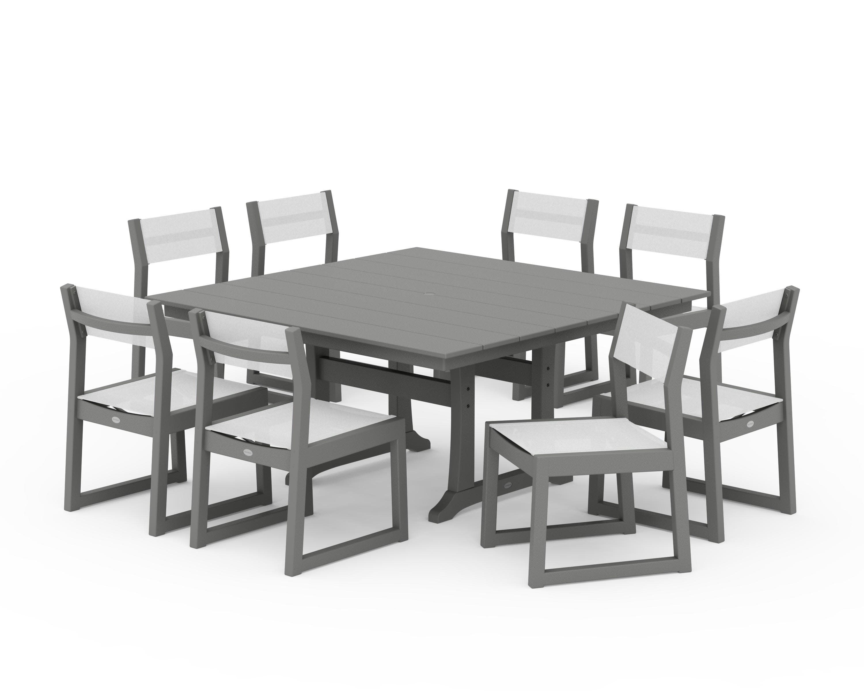 EDGE Sling Side Chair 9-Piece Farmhouse Trestle Dining Set in Slate Grey / White Sling