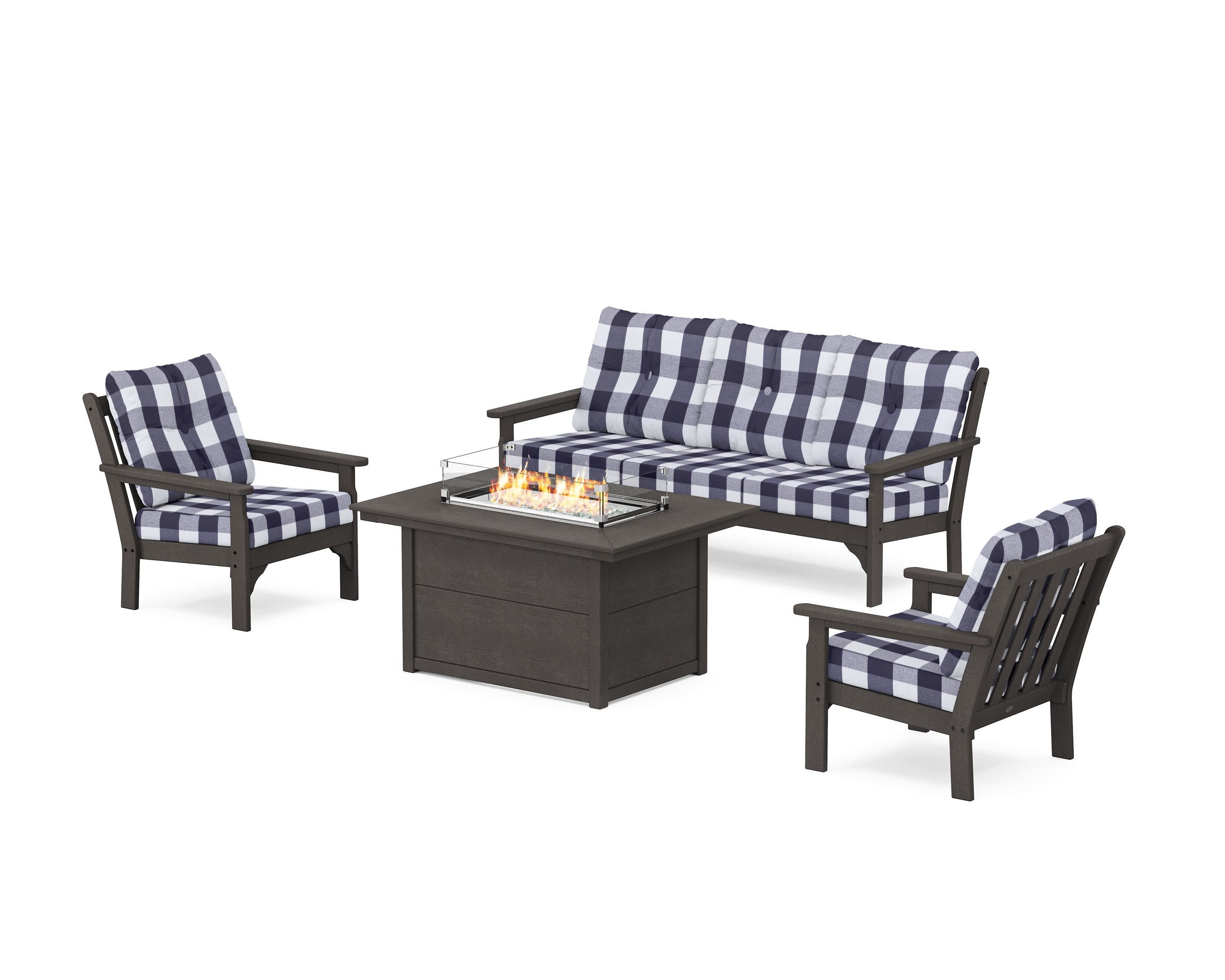 Vineyard Deep Seating Fire Pit Table Set in Vintage Coffee / Buffalo Plaid Navy