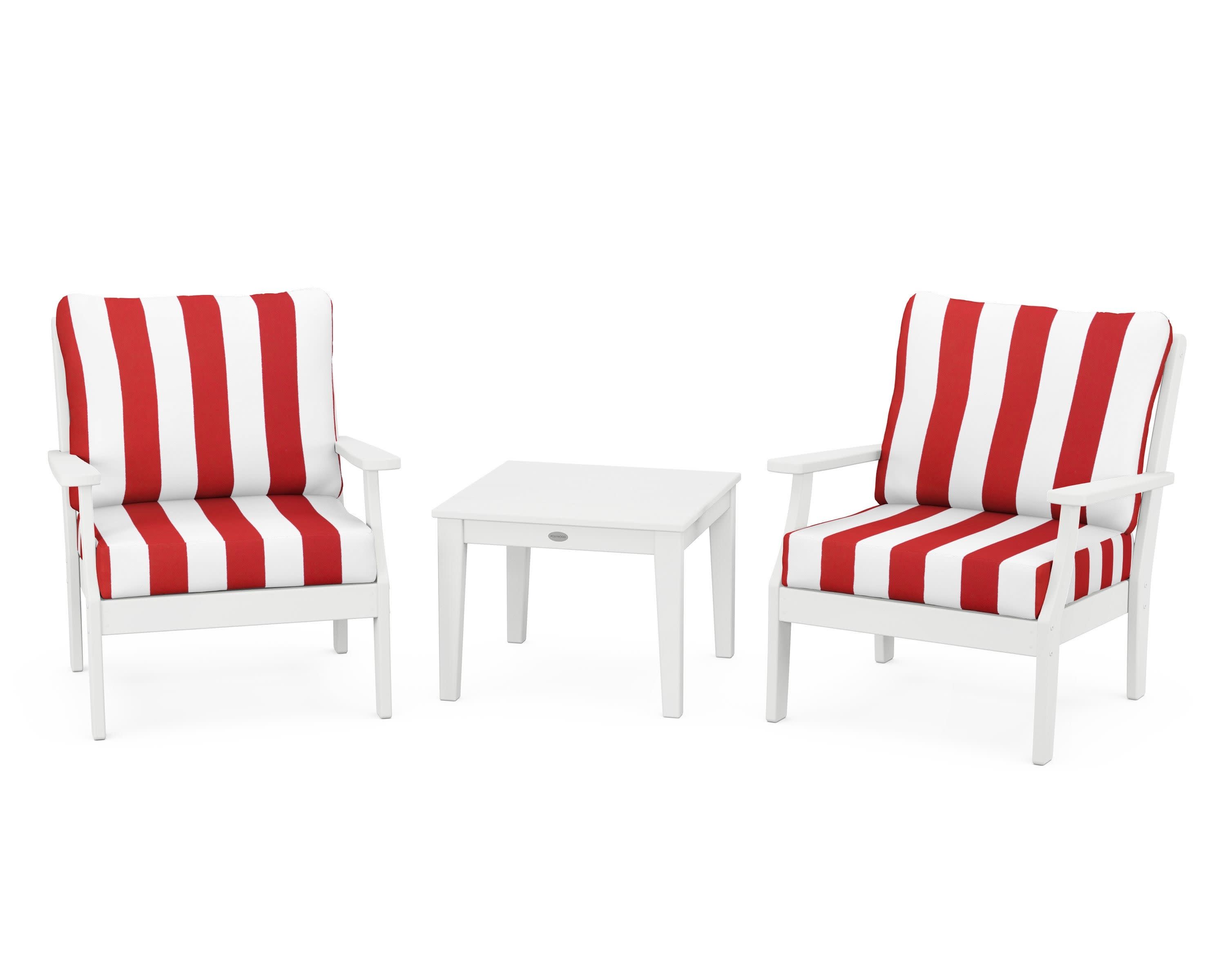 Braxton 3-Piece Deep Seating Set in White / Cabana Stripe Crimson