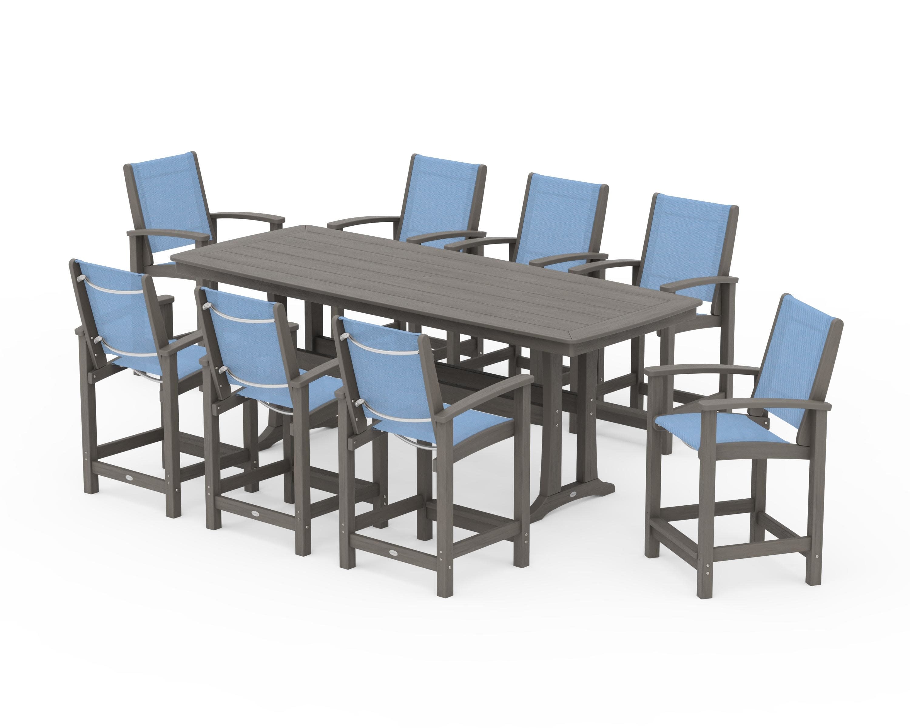 Coastal 9-Piece Counter Set with Trestle Legs in Driftwood / Poolside Sling