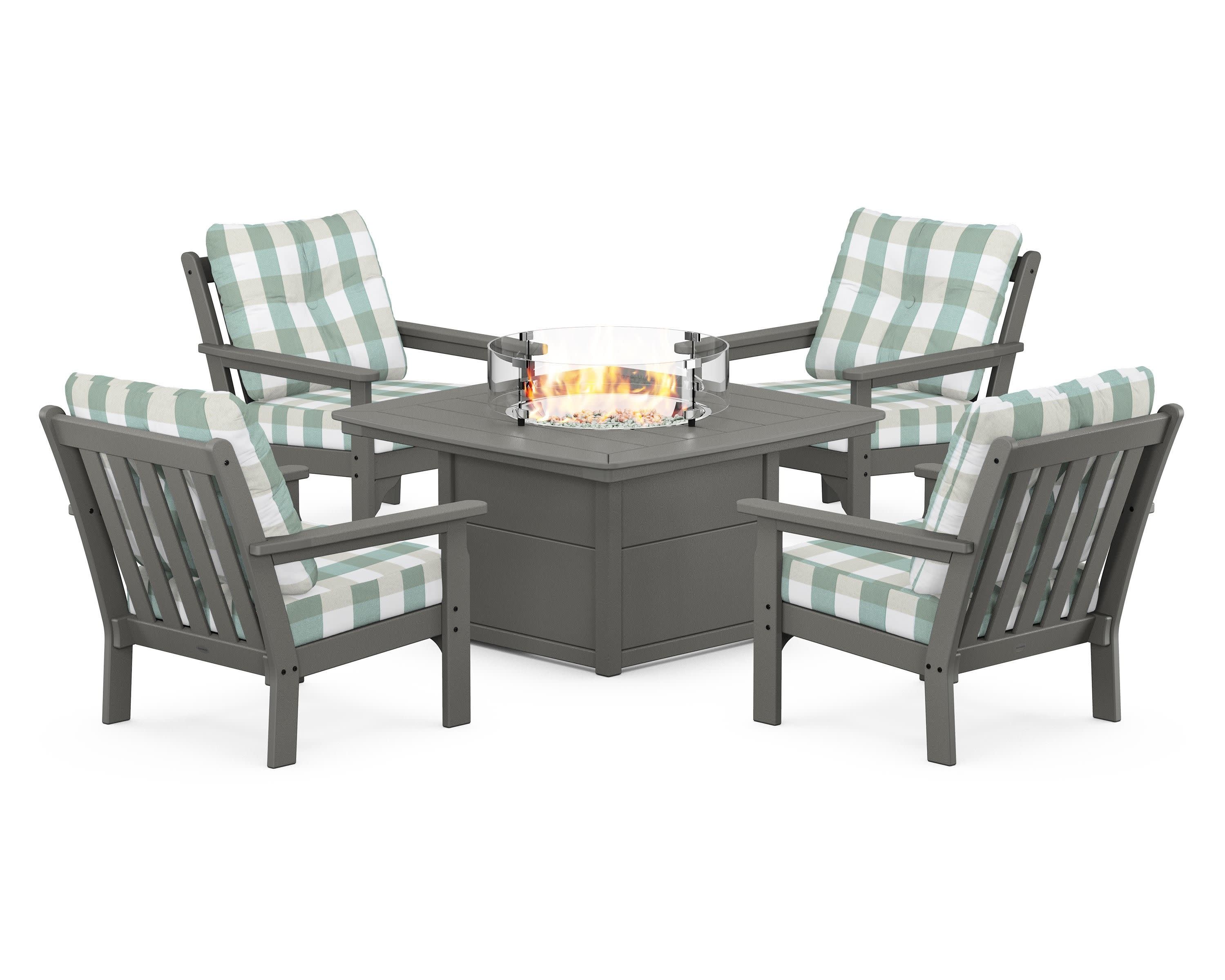 Vineyard 5-Piece Conversation Set with Fire Pit Table in Slate Grey / Buffalo Plaid Glacier Spa