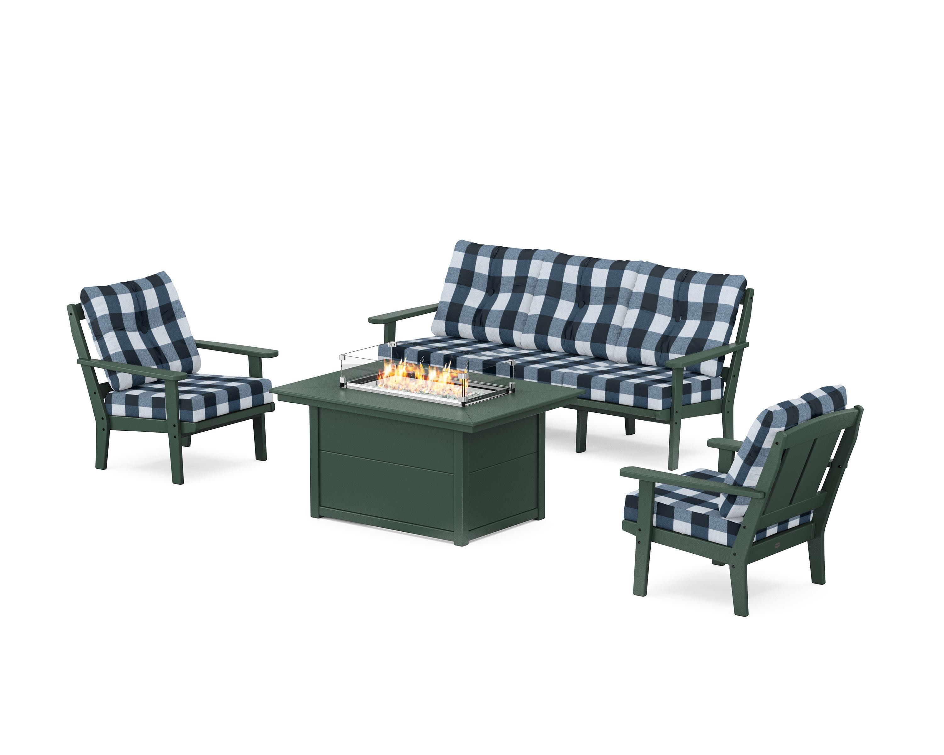 Mission Deep Seating Fire Pit Table Set in Green / Buffalo Plaid Marine Indigo
