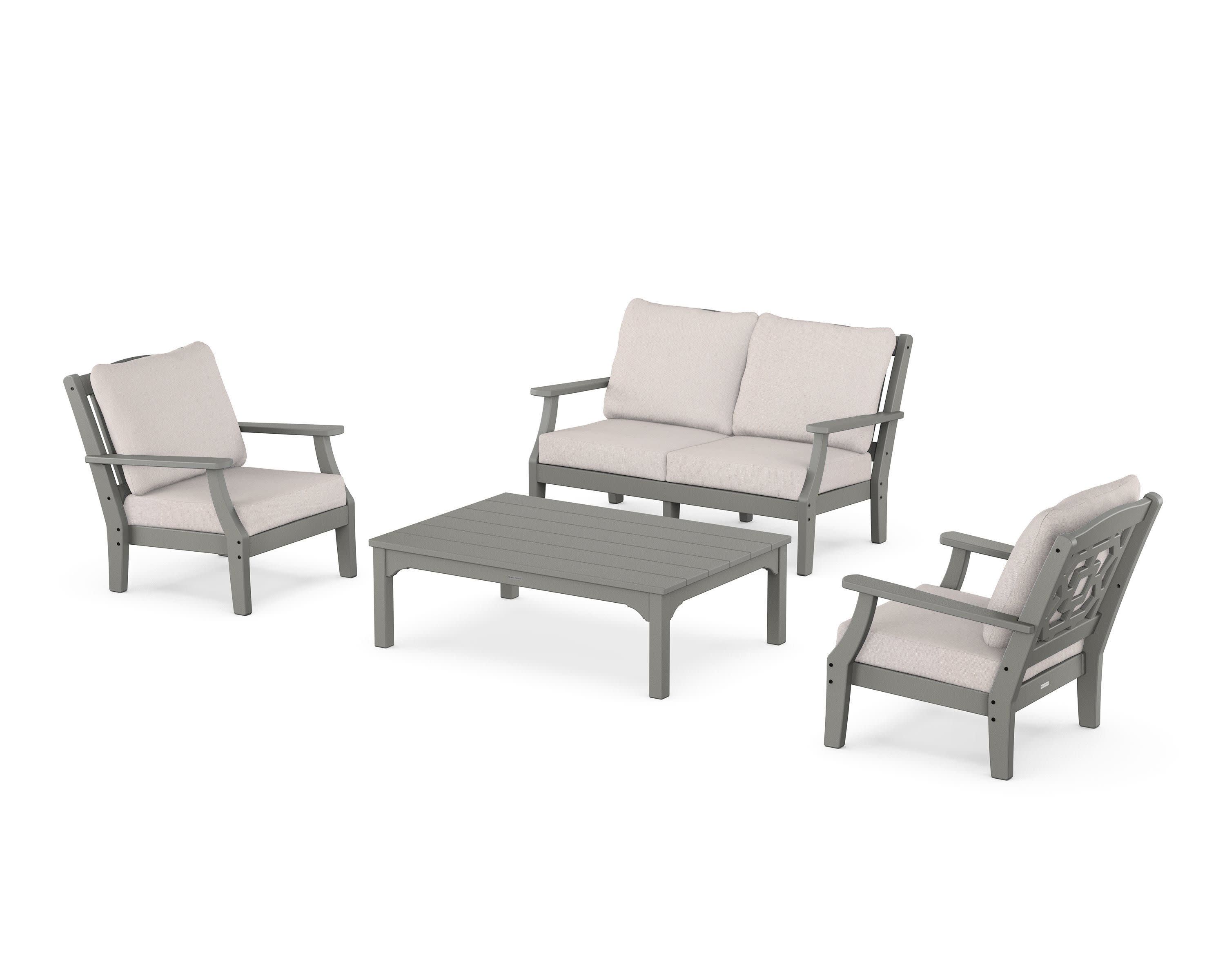 Chinoiserie 4-Piece Deep Seating Set with Loveseat in Slate Grey / Dune Burlap