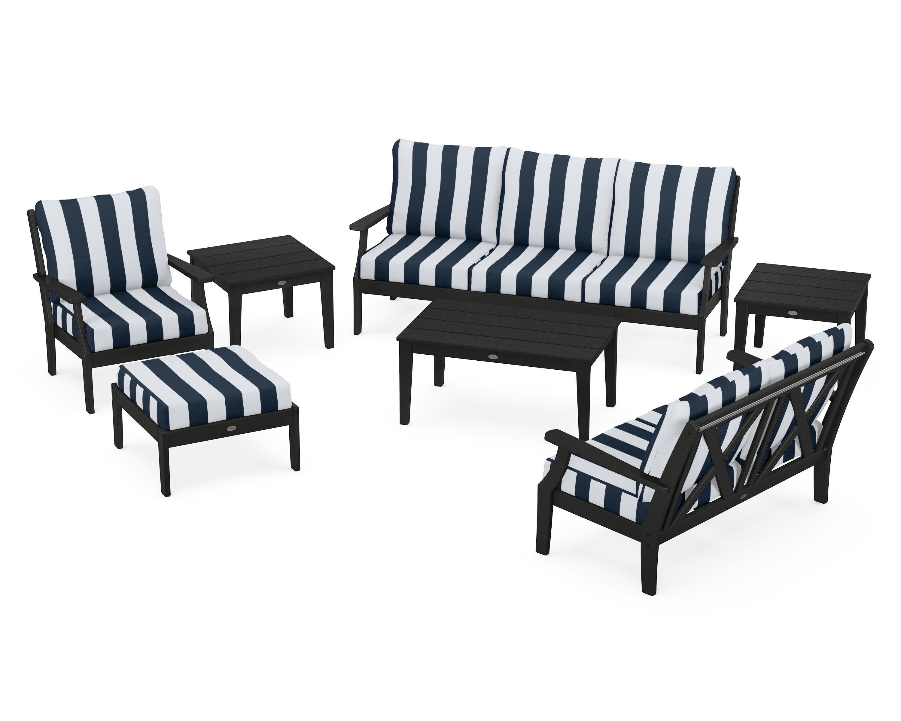 Braxton 7-Piece Deep Seating Set in Black / Cabana Stripe Marine Indigo