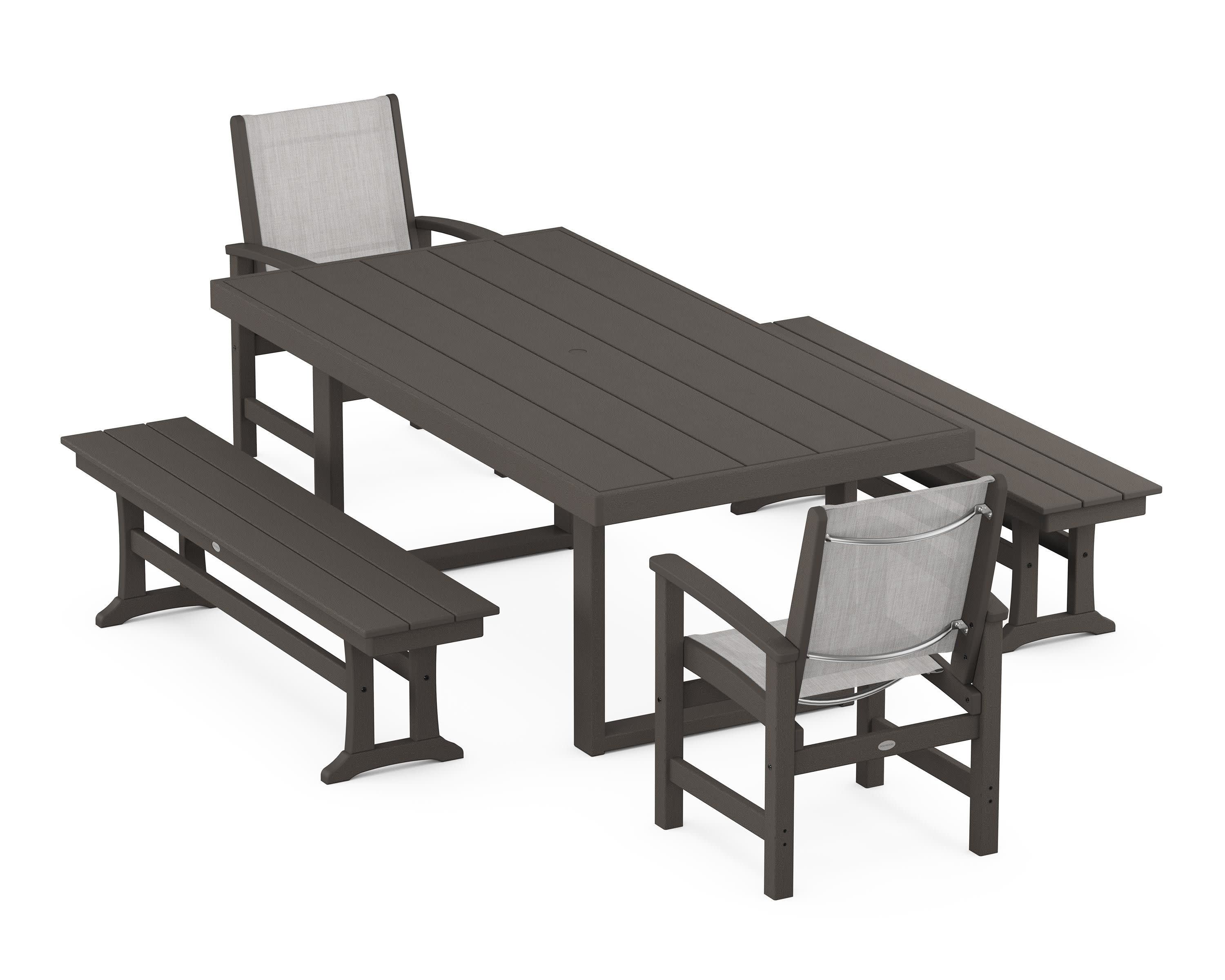 Coastal 5-Piece Dining Set with Trestle Legs in Vintage Coffee / Parchment Sling
