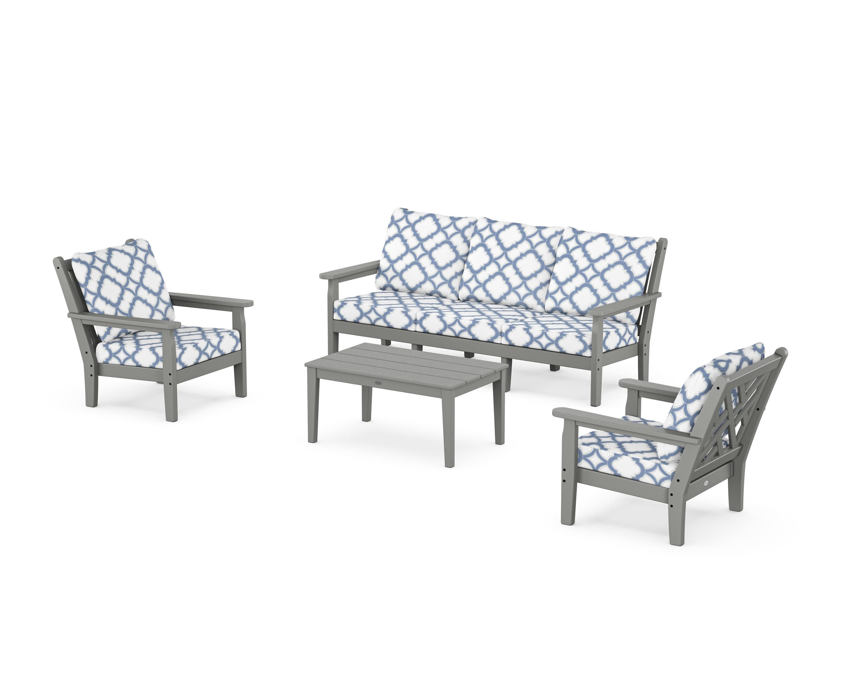 Chippendale 4-Piece Deep Seating Set with Sofa in Slate Grey / Trellis Sky Blue