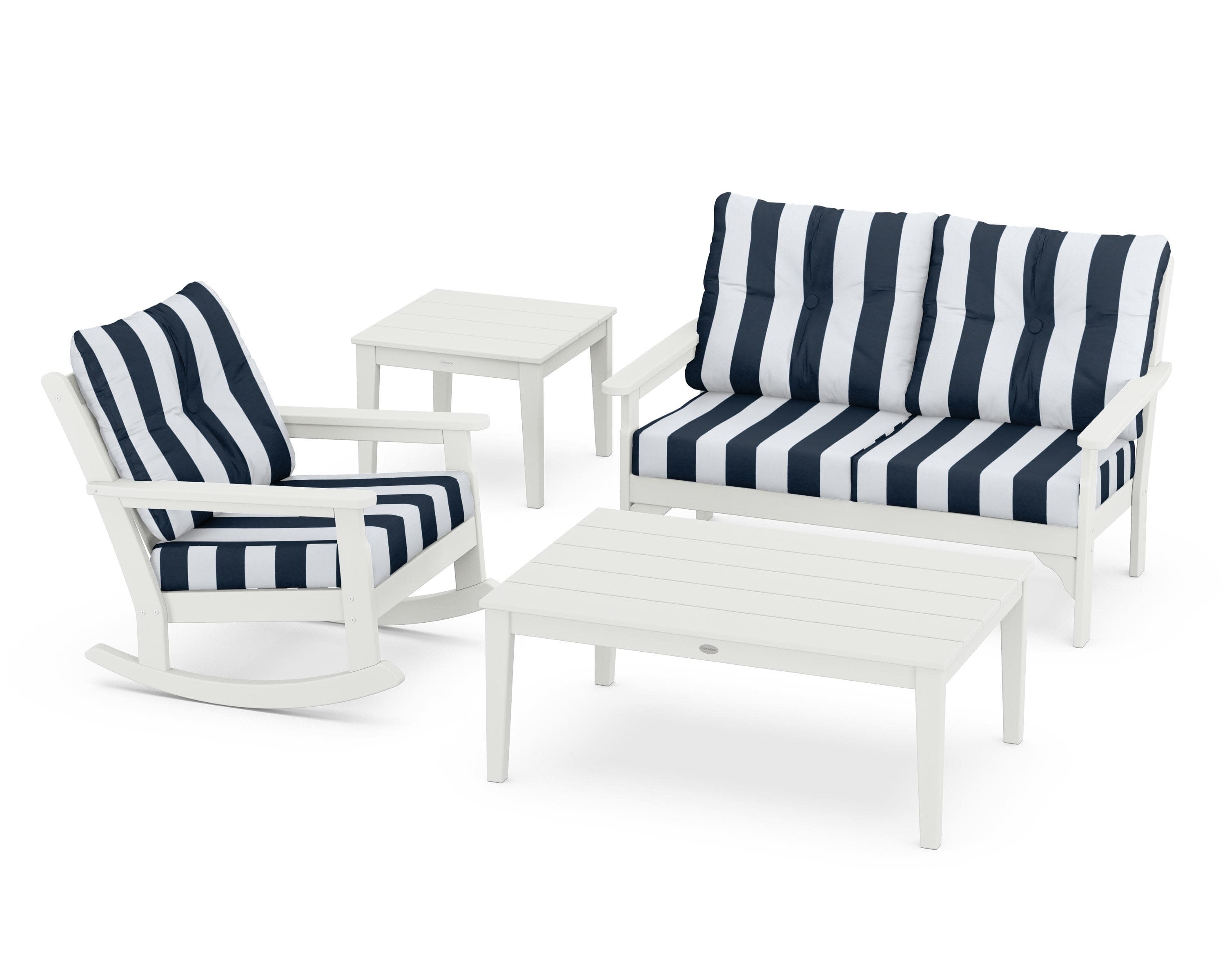 Vineyard 4-Piece Deep Seating Rocker Set in Vintage White / Cabana Stripe Marine Indigo