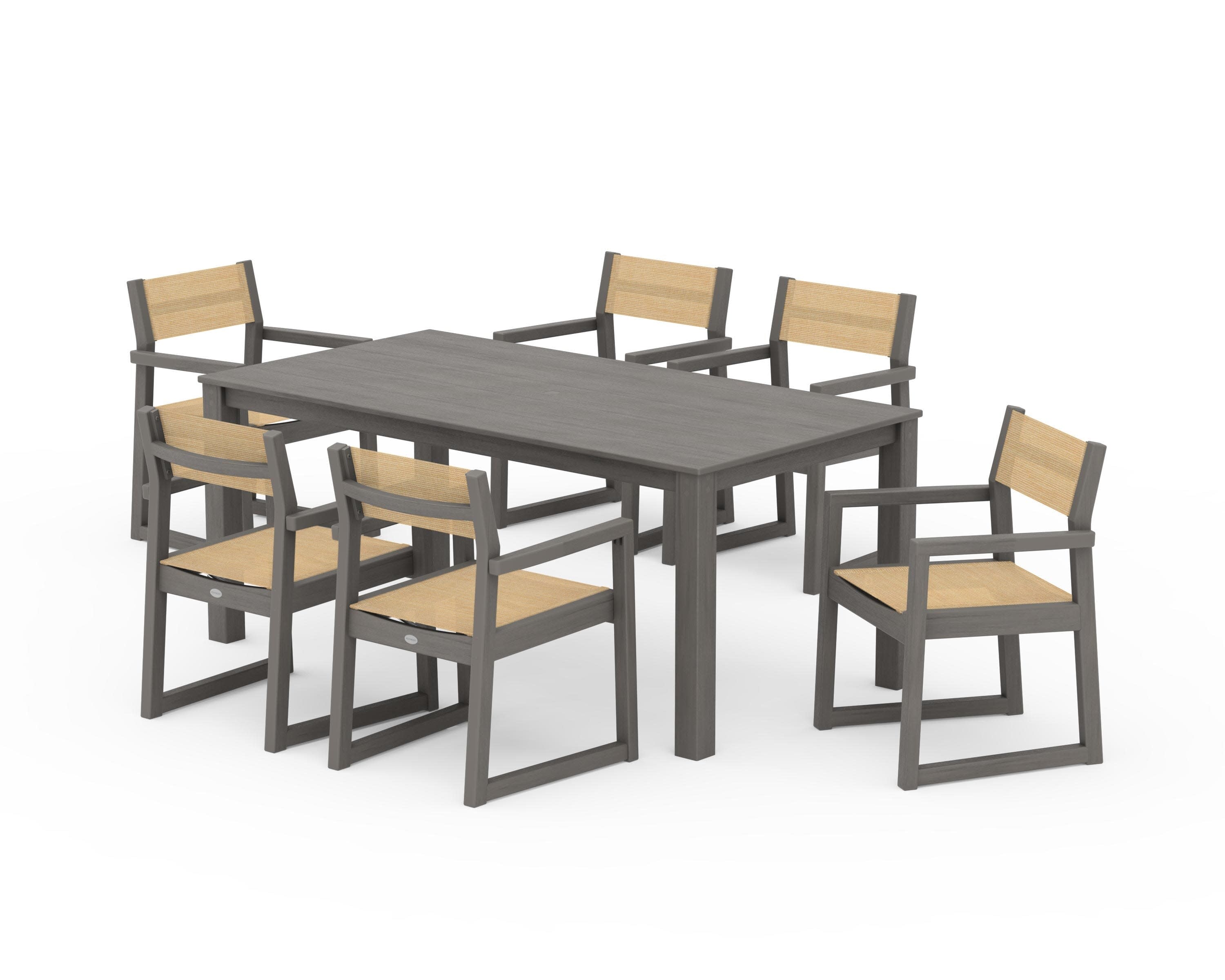 EDGE Sling Arm Chair 7-Piece Parsons Dining Set in Driftwood / Dupioni Apricot Sling