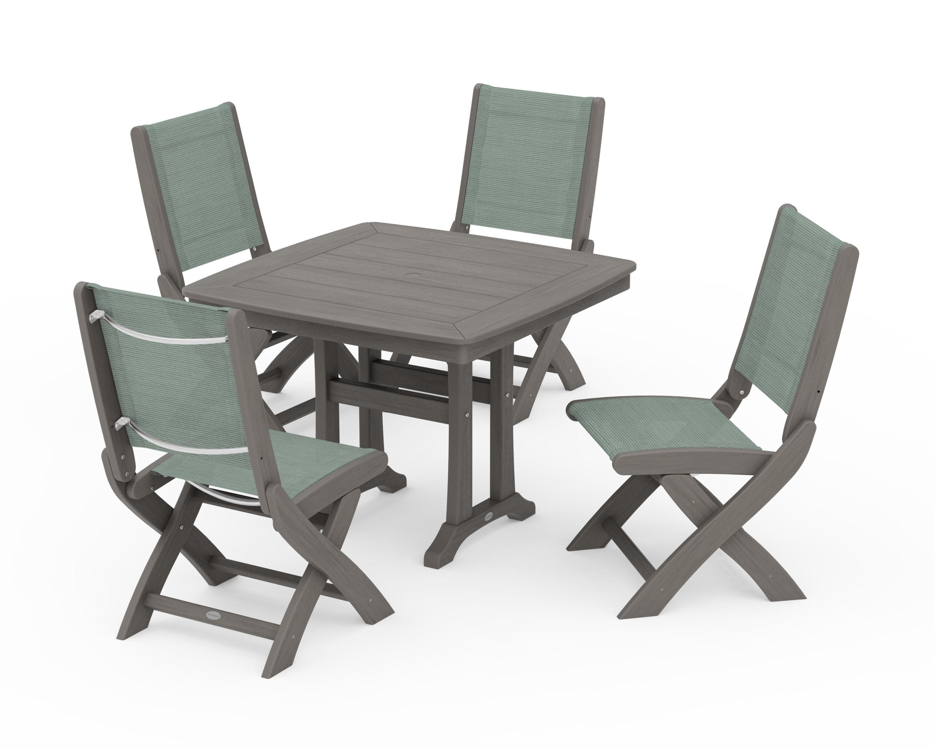 Coastal Folding Side Chair 5-Piece Dining Set with Trestle Legs in Driftwood / Dupioni Sea Mist Sling