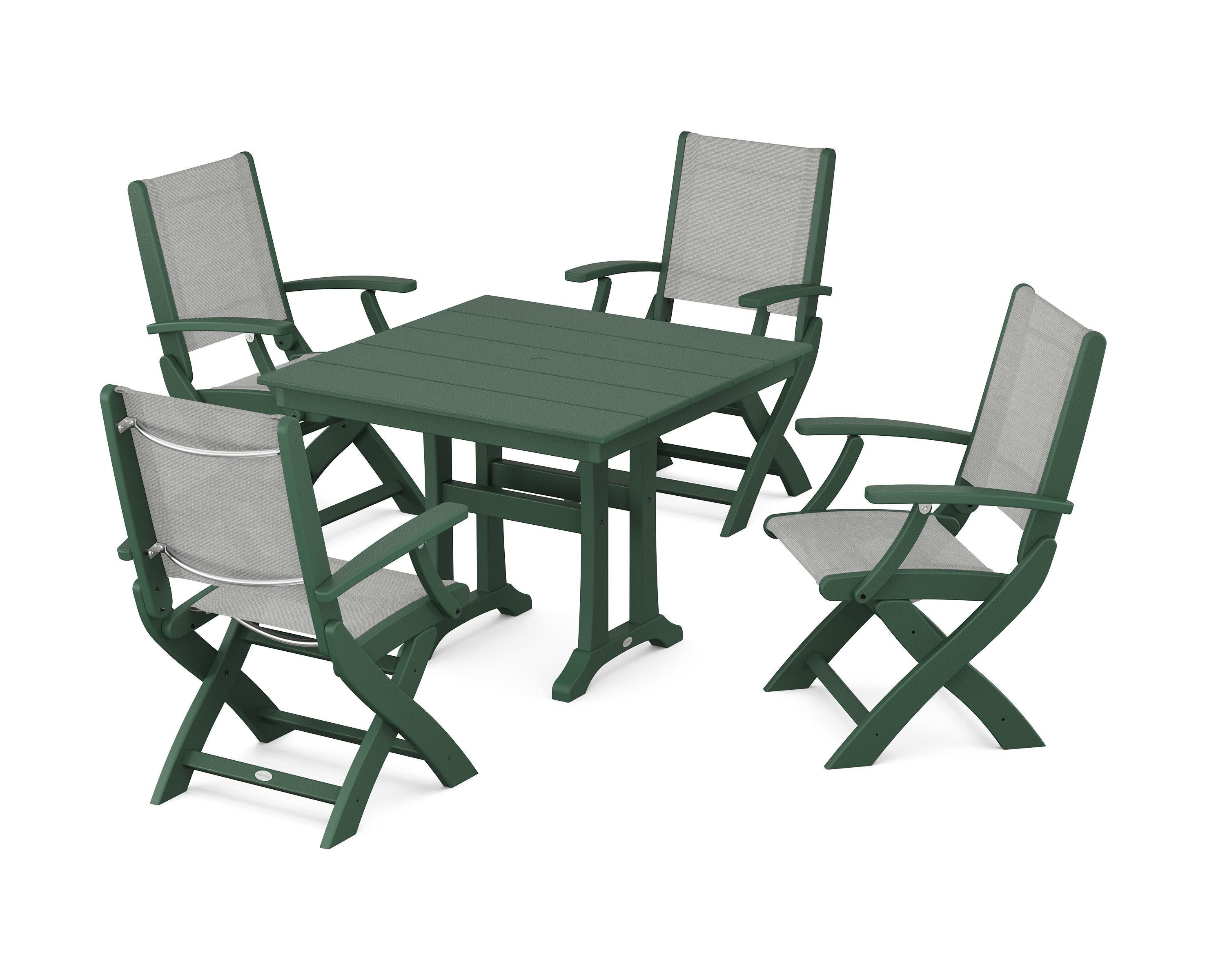 Coastal Folding Chair 5-Piece Farmhouse Dining Set With Trestle Legs in Green / Metallic Sling