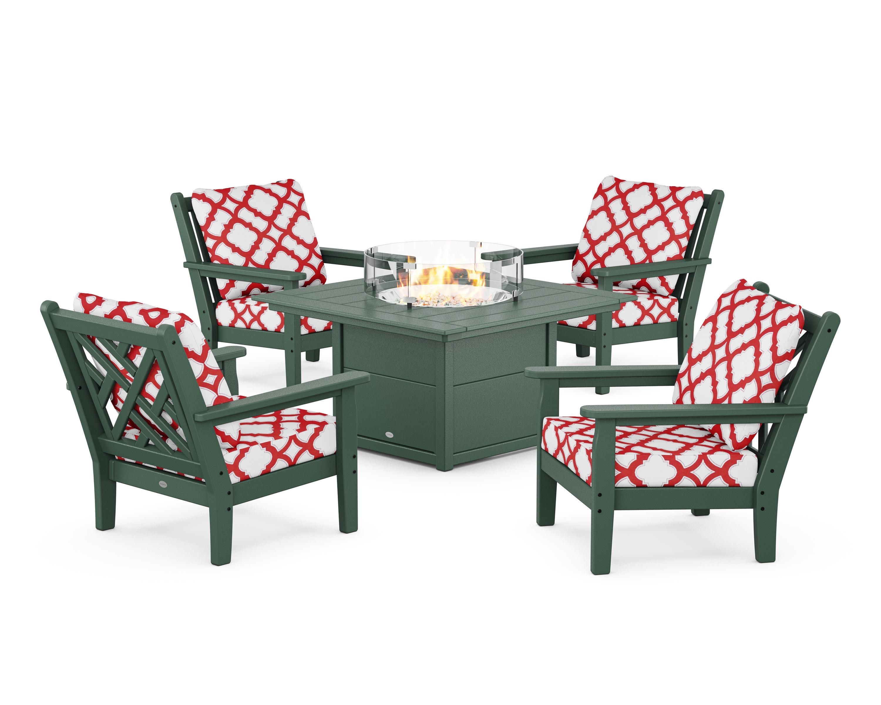 Chippendale 5-Piece Deep Seating Set with Fire Pit Table in Green / Trellis Crimson