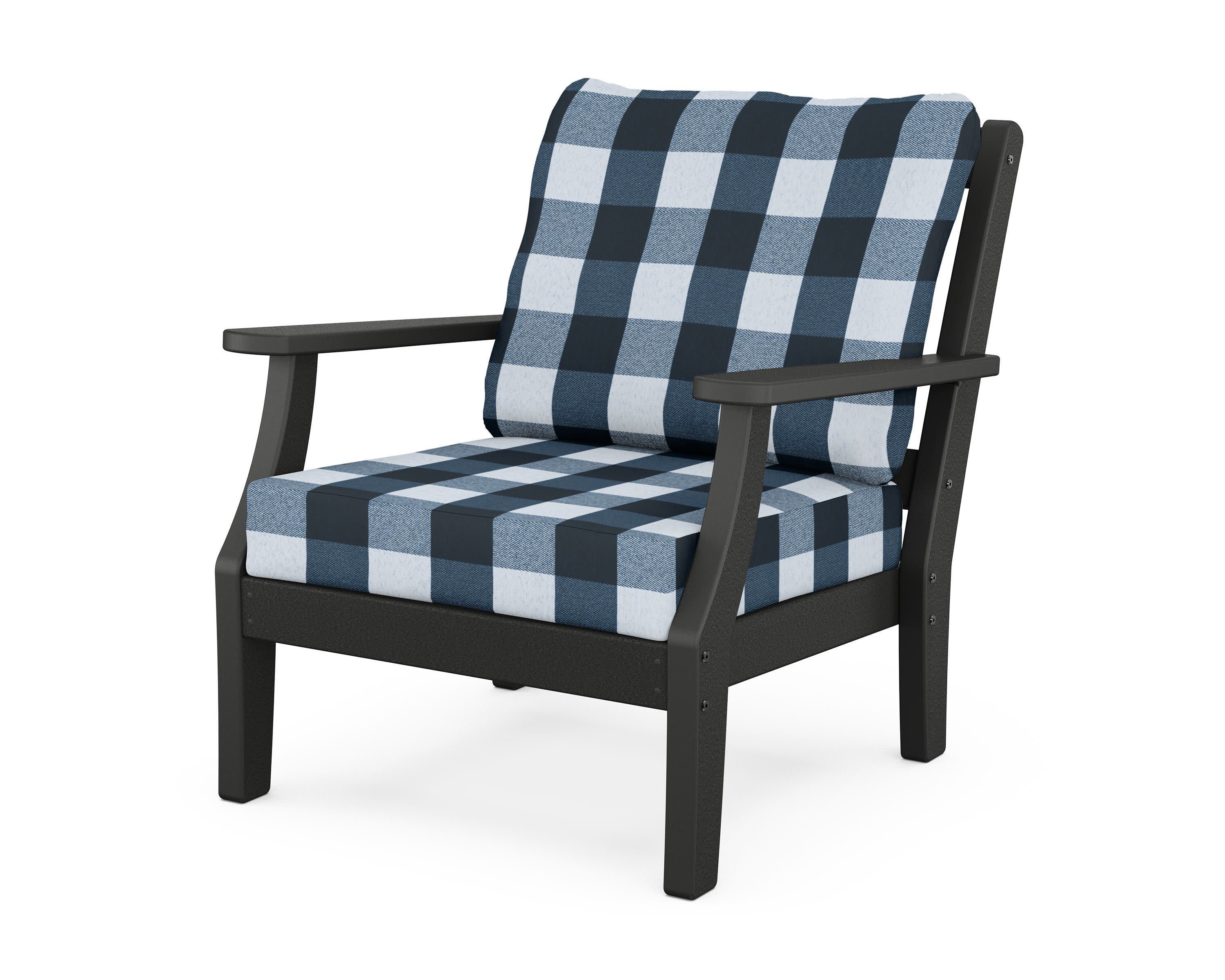 Chinoiserie Deep Seating Chair in Black / Buffalo Plaid Marine Indigo