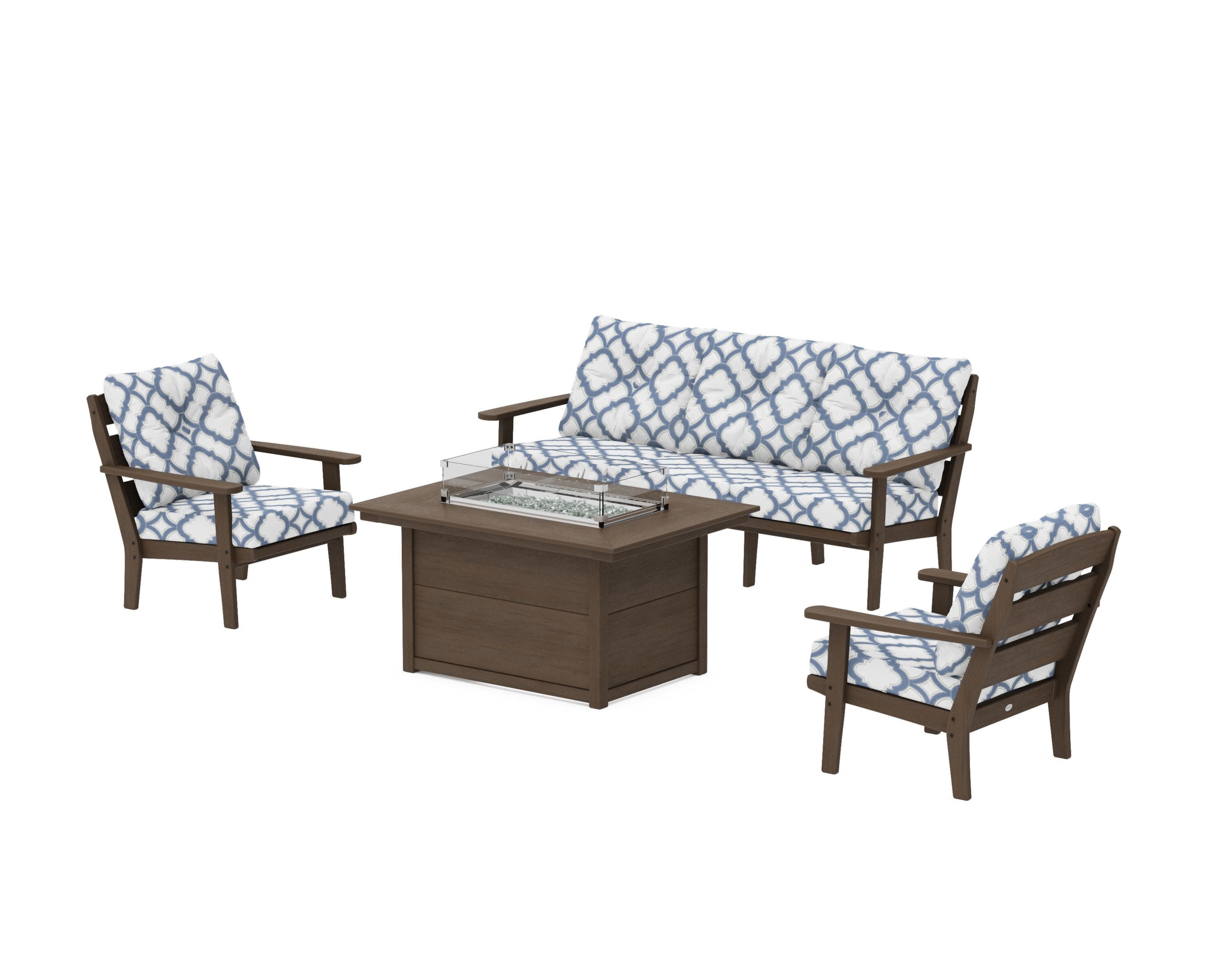 Lakeside Deep Seating Fire Pit Table Set in Kona / Trellis Sky Blue