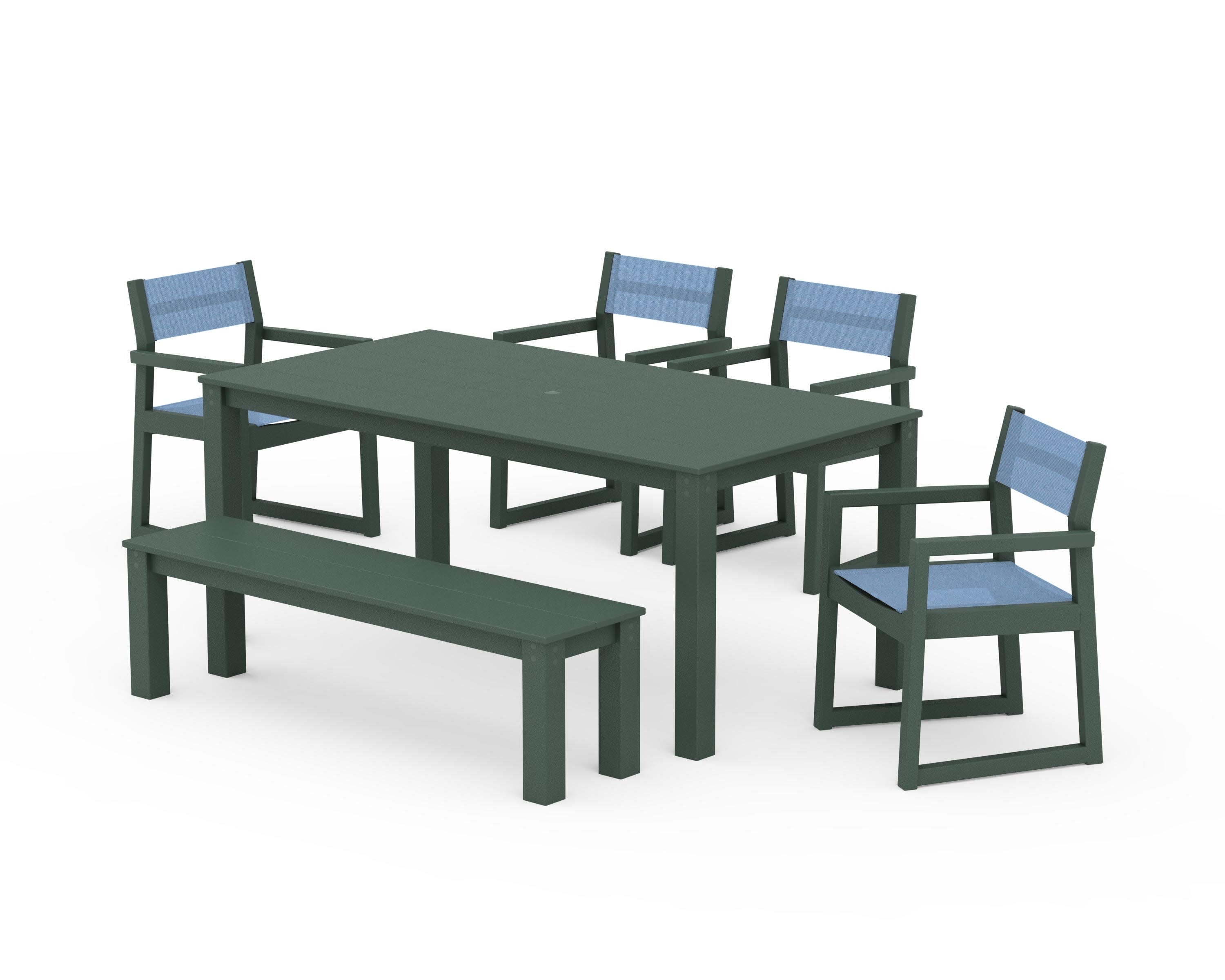 EDGE Sling Arm Chair 6-Piece Parsons Dining Set with Bench in Green / Poolside Sling