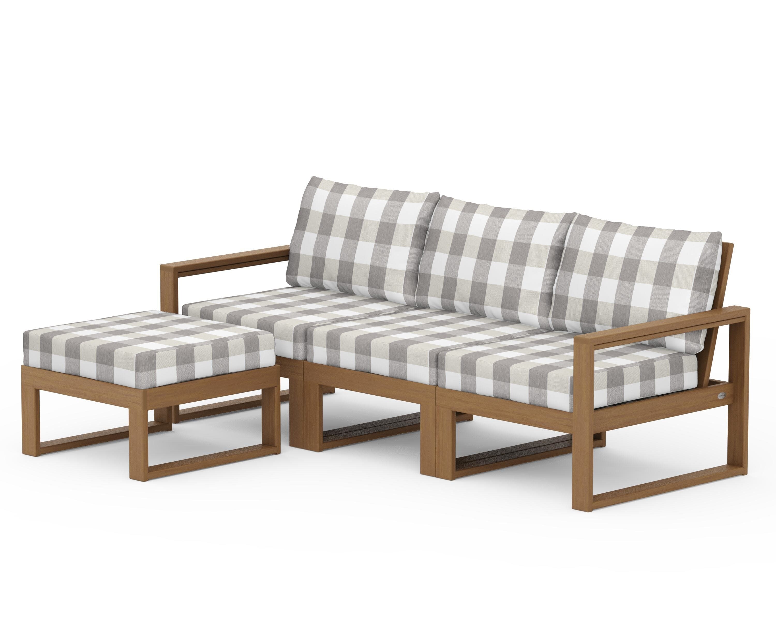 EDGE 4-Piece Modular Deep Seating Set with Ottoman in Natural / Buffalo Plaid Grey Mist