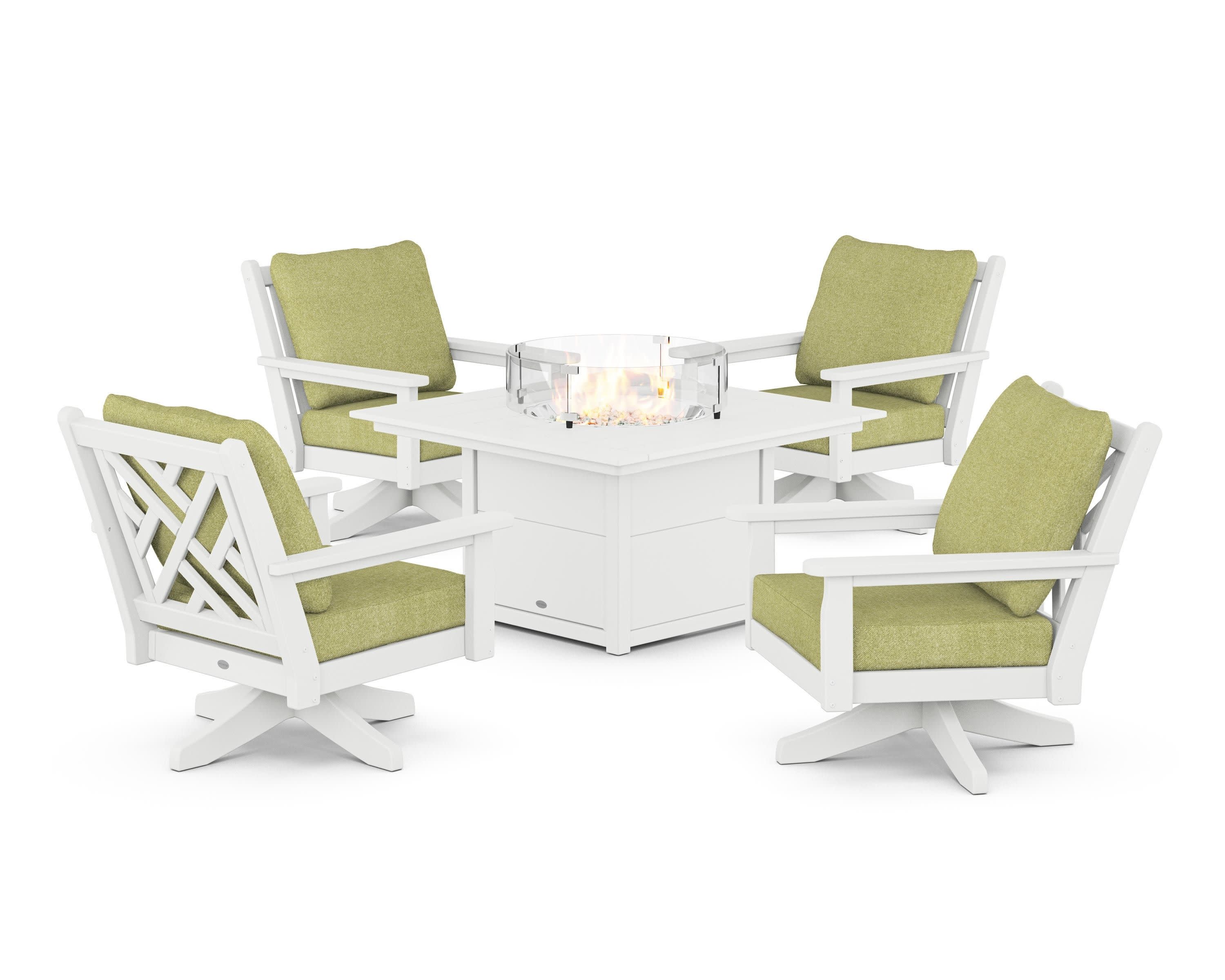 Chippendale 5-Piece Deep Seating Swivel Conversation Set with Fire Pit Table in White / Chartreuse Boucle