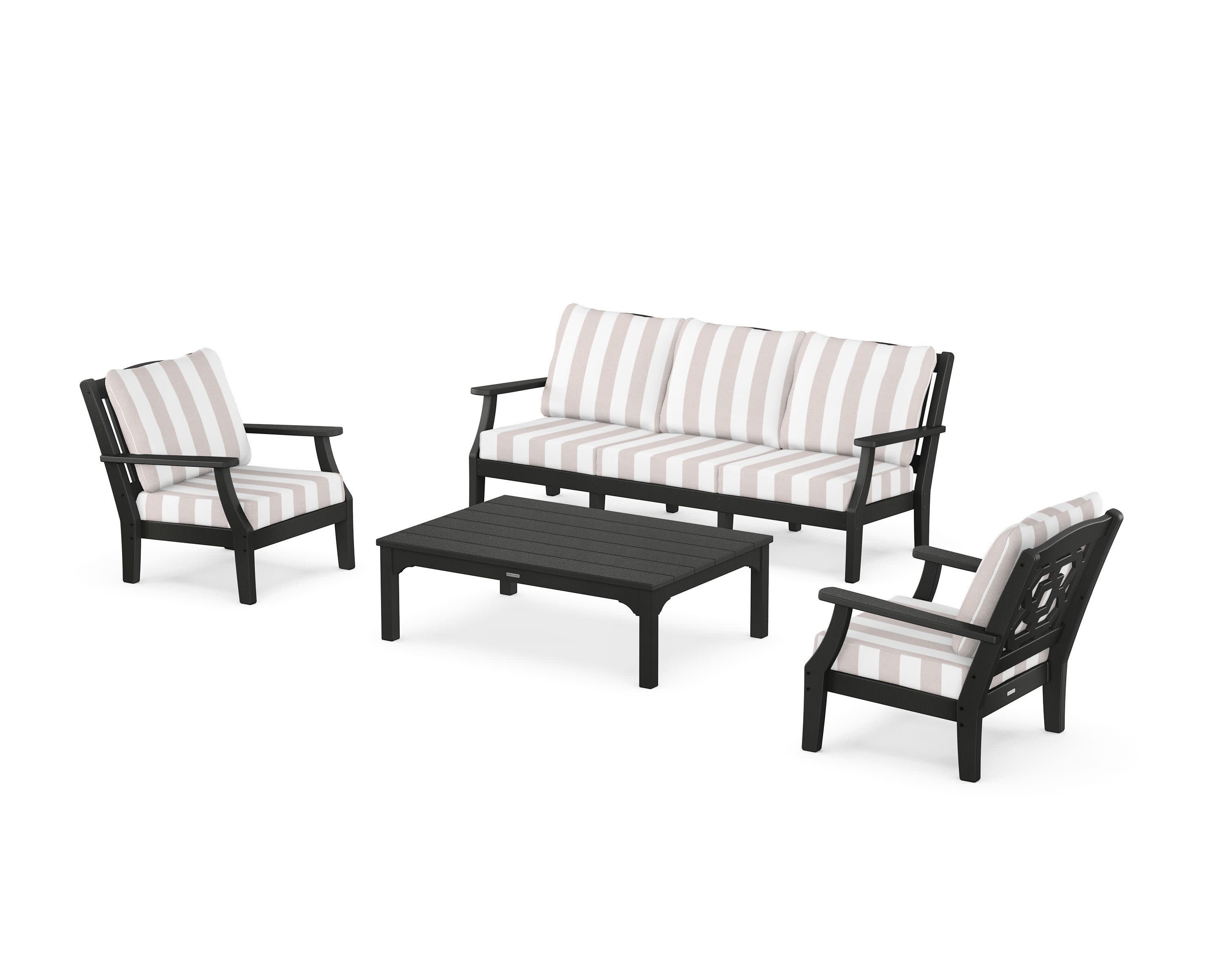 Chinoiserie 4-Piece Deep Seating Set with Sofa in Black / Cabana Stripe Dune Burlap