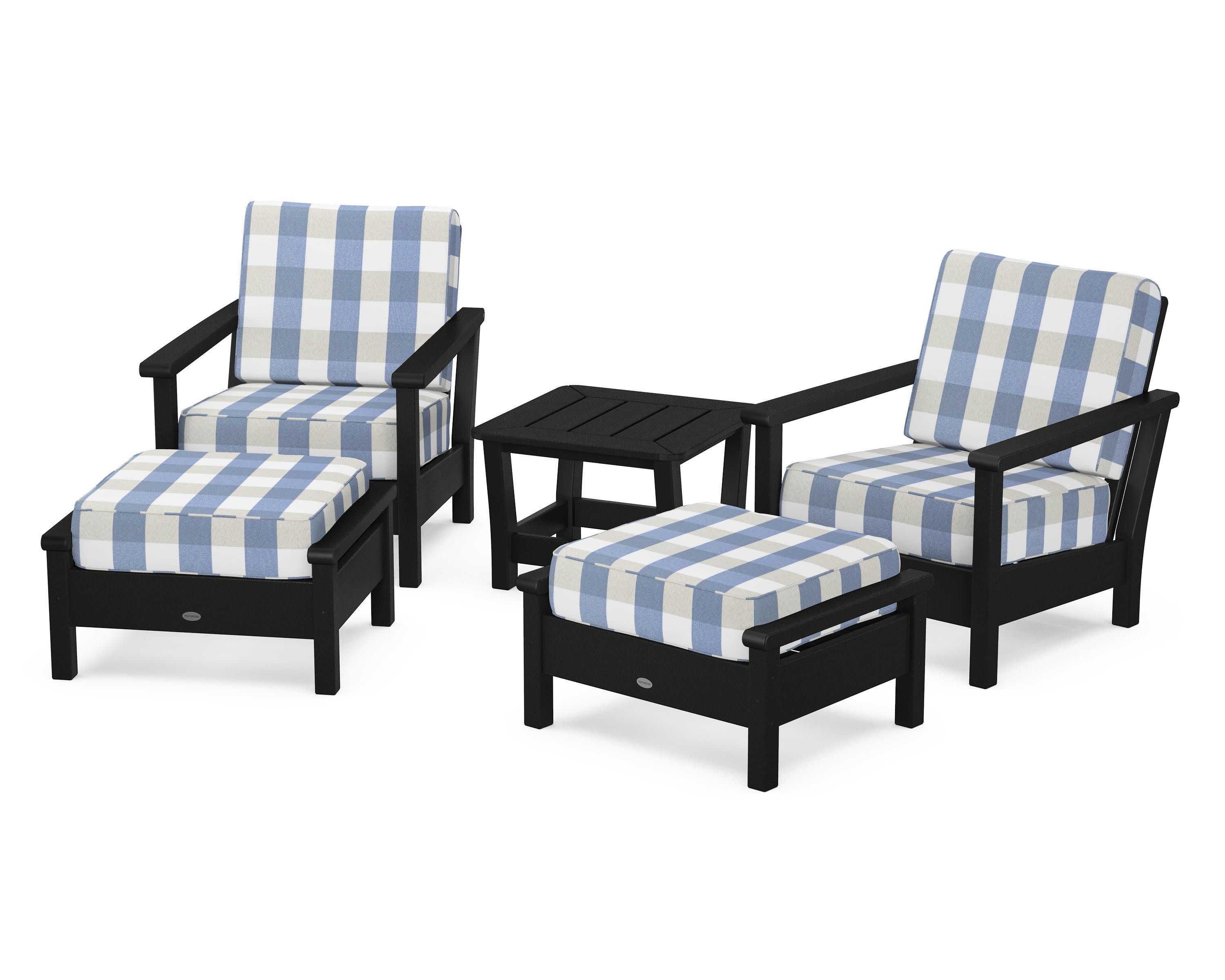 Harbour 5-Piece Deep Seating Chair Set in Black / Buffalo Plaid Sky Blue