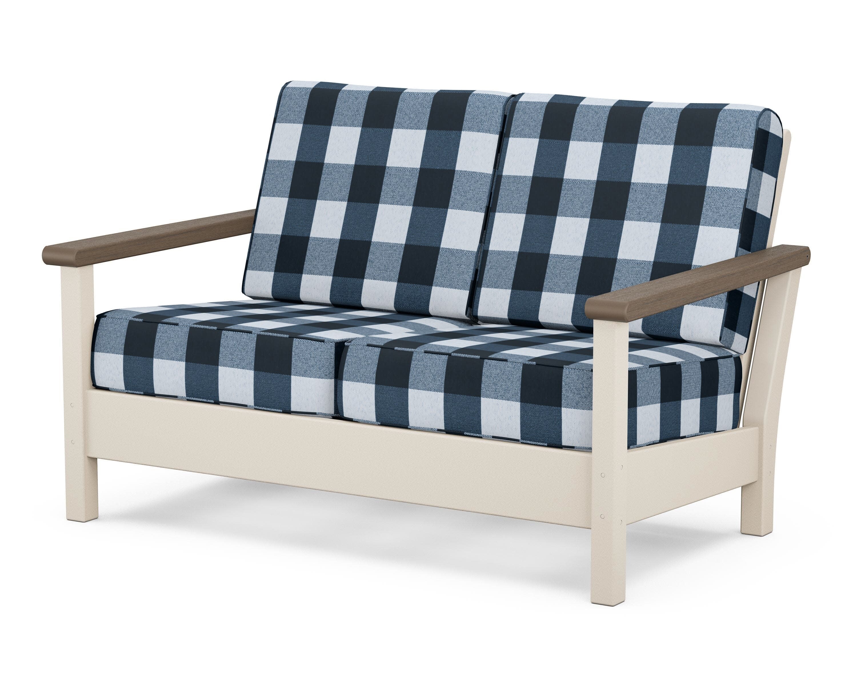 Harbour Deep Seating Loveseat in Sand / Kona / Buffalo Plaid Marine Indigo