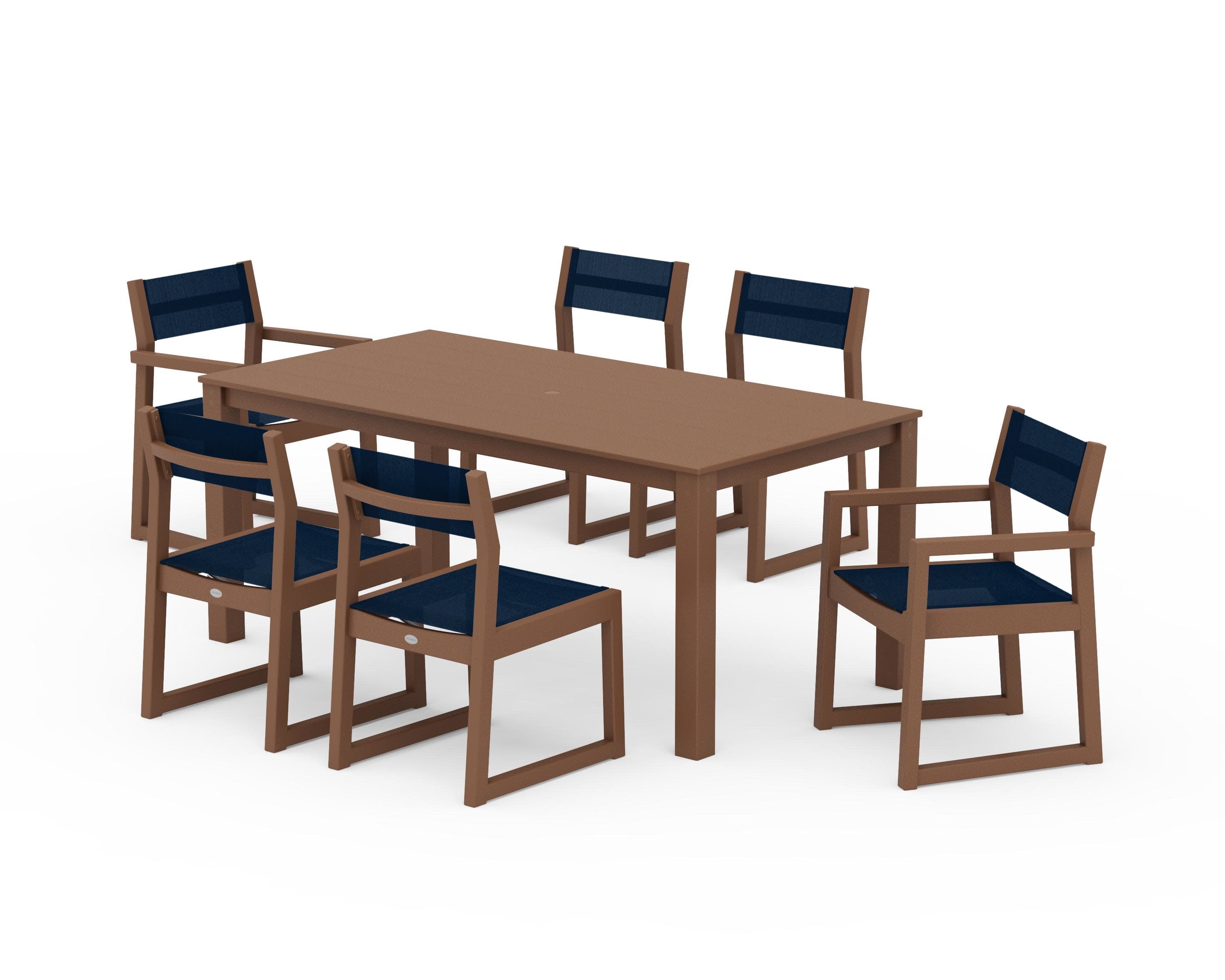 EDGE Sling 7-Piece Parsons Dining Set in Teak / Navy Blue Sling