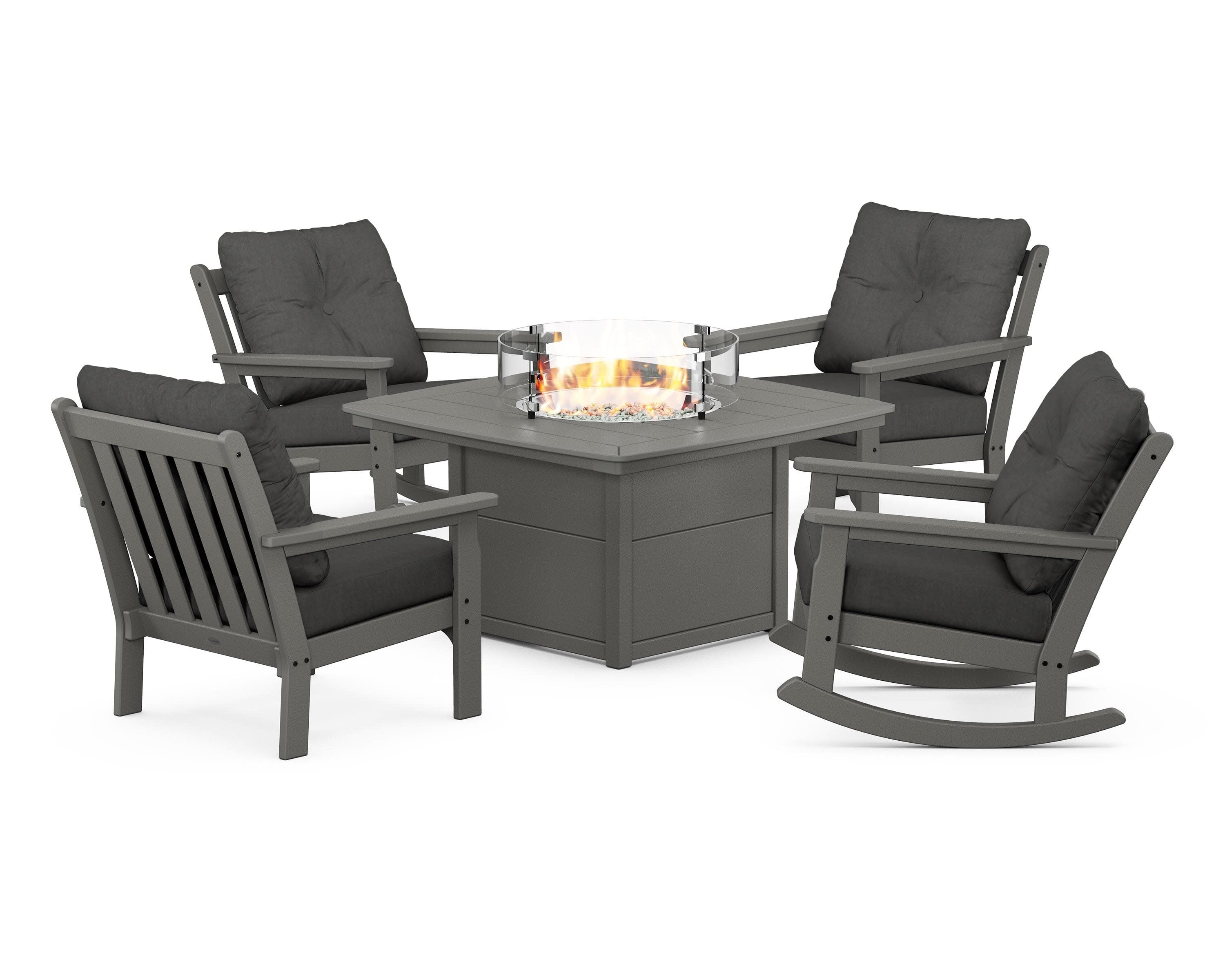 Vineyard 5-Piece Deep Seating Rocking Chair Conversation Set with Fire Pit Table in Slate Grey / Spectrum Carbon