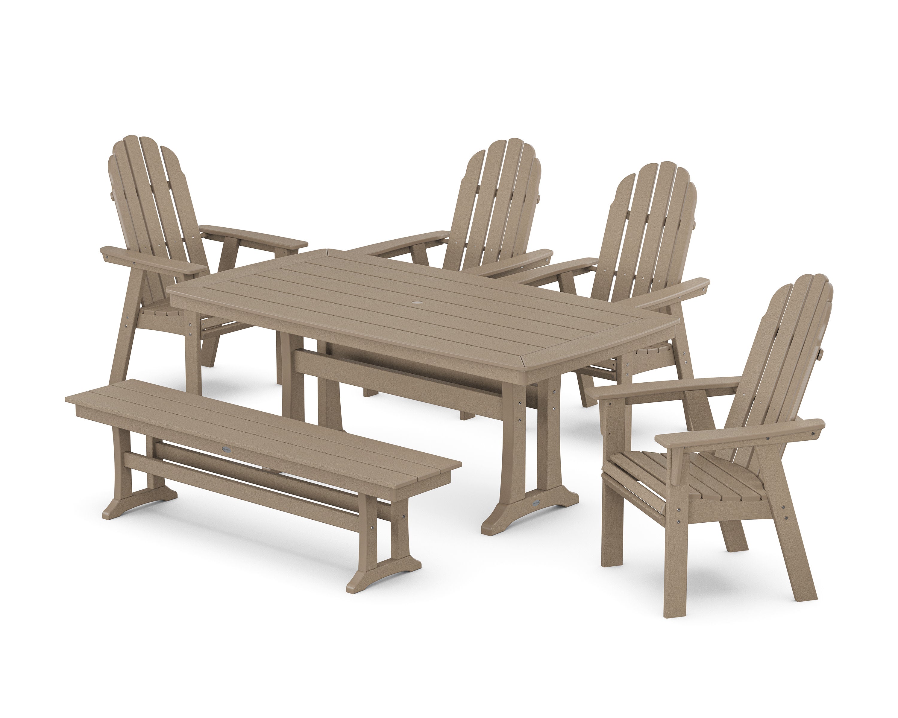 Vineyard Curveback Adirondack Chair 6-Piece Dining Set with Trestle Legs and Bench in Vintage Sahara
