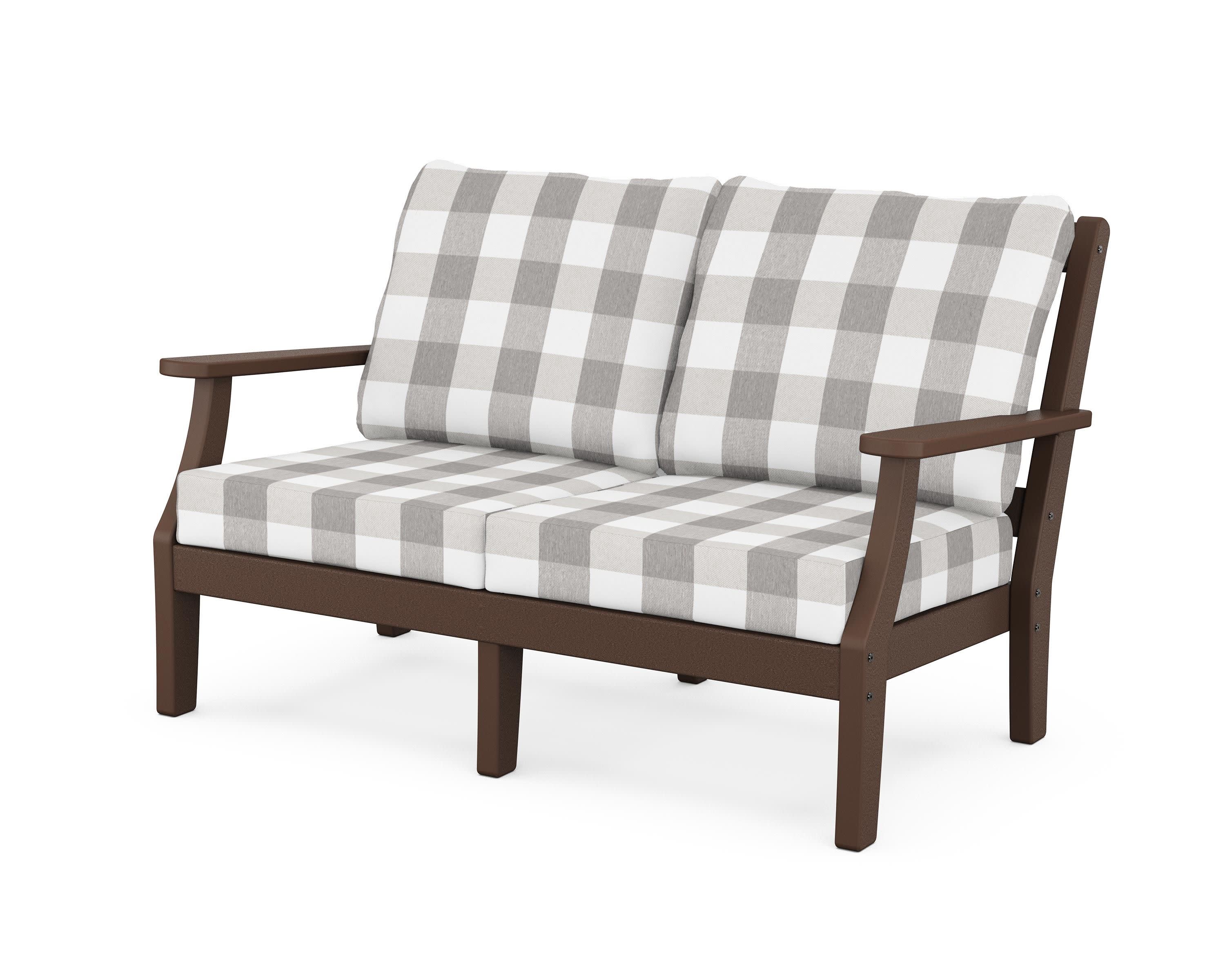 Chinoiserie Deep Seating Loveseat in Mahogany / Buffalo Plaid Grey Mist