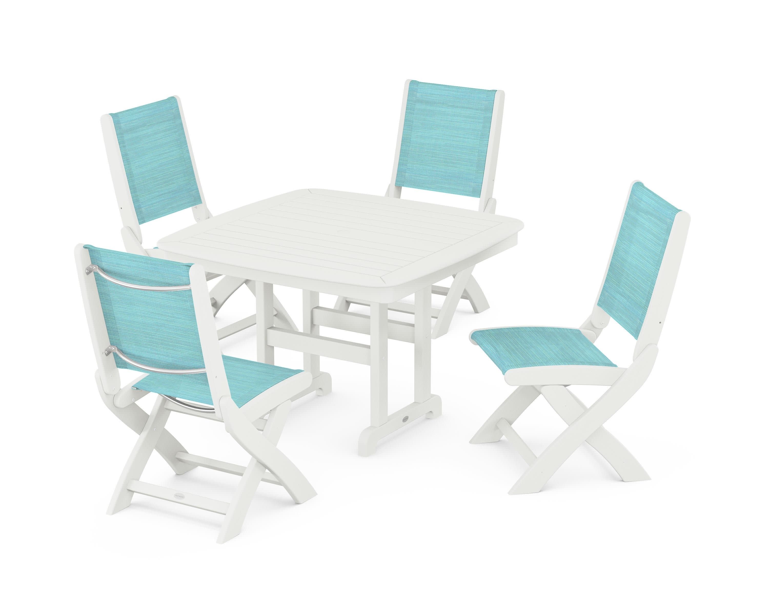 Coastal Folding Side Chair 5-Piece Dining Set in Vintage White / Dupioni Aquamarine Sling