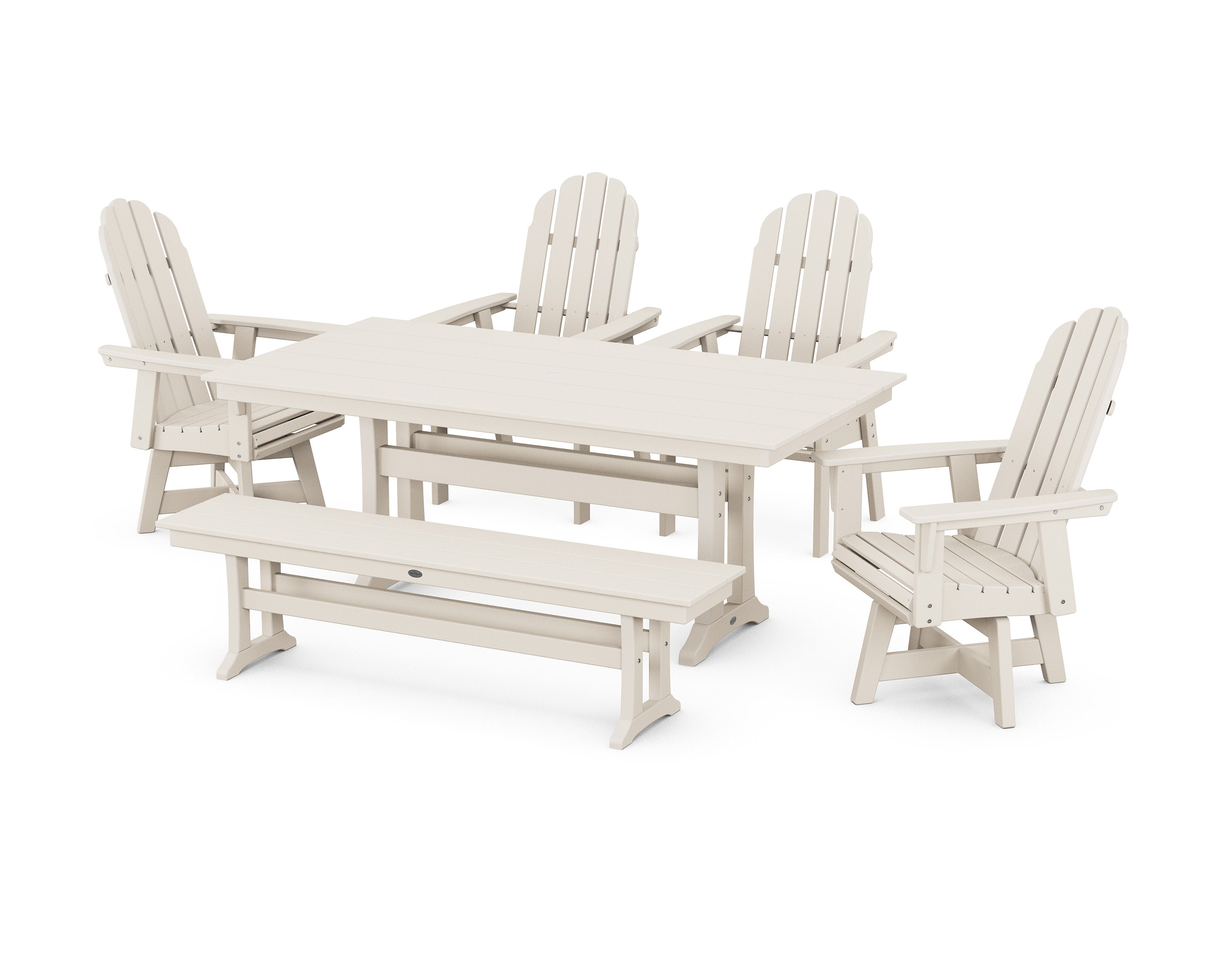 Vineyard Curveback Adirondack 6-Piece Swivel Chair Farmhouse Dining Set with Trestle Legs and Bench in Sand
