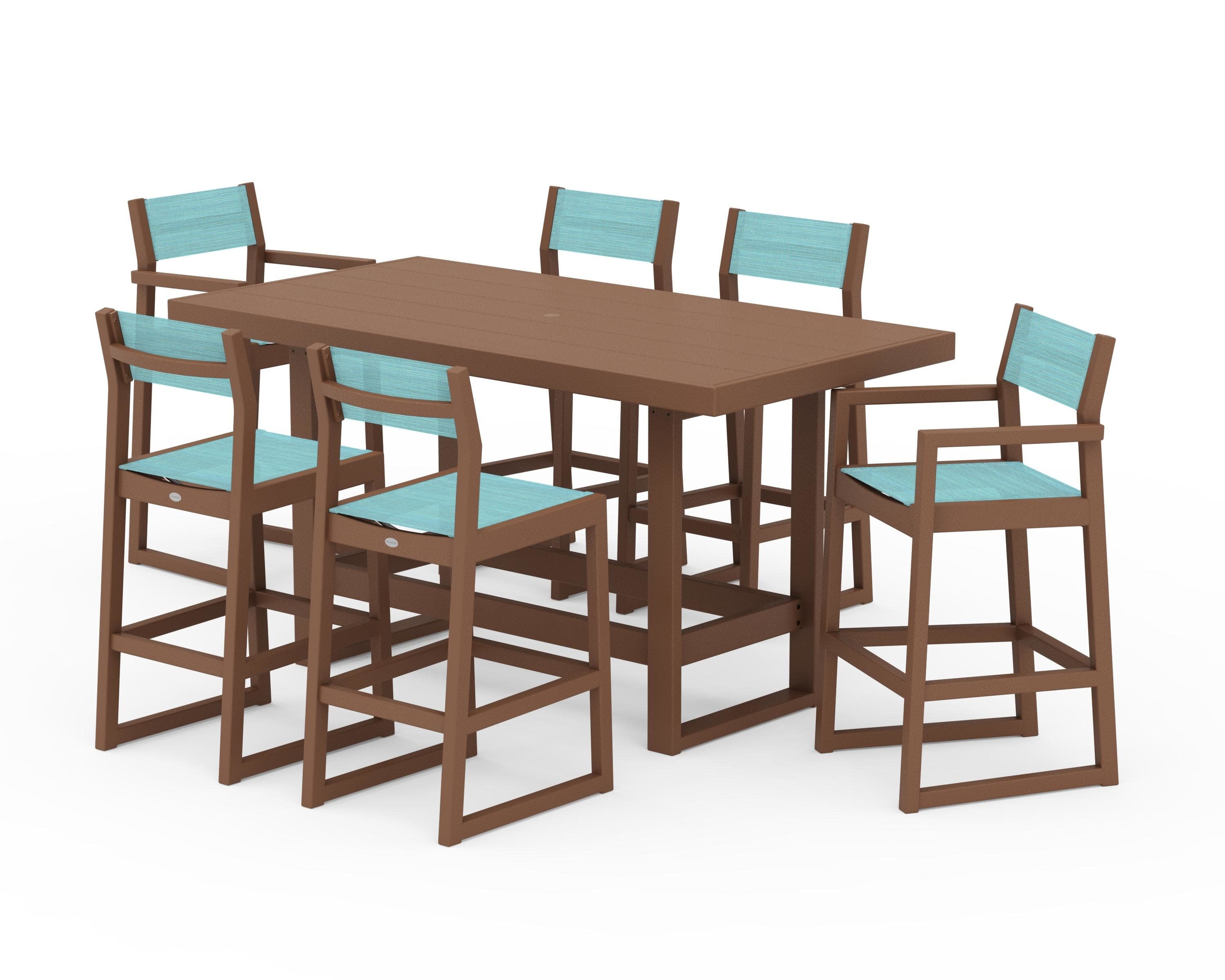 EDGE Sling 7-Piece Bar Table Set in Teak / Dupioni Aquamarine Sling