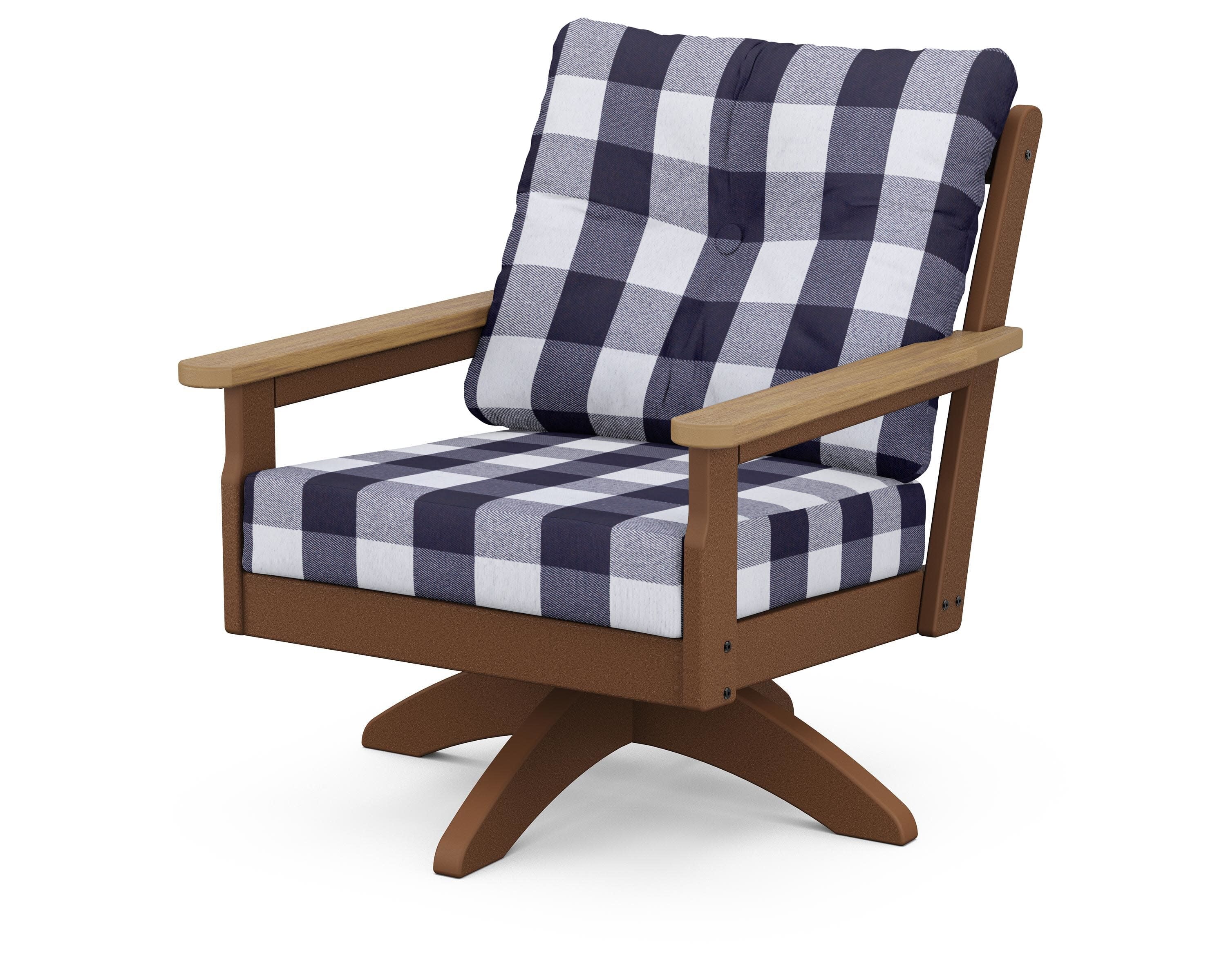 Vineyard Deep Seating Swivel Chair in Teak / Natural / Buffalo Plaid Navy