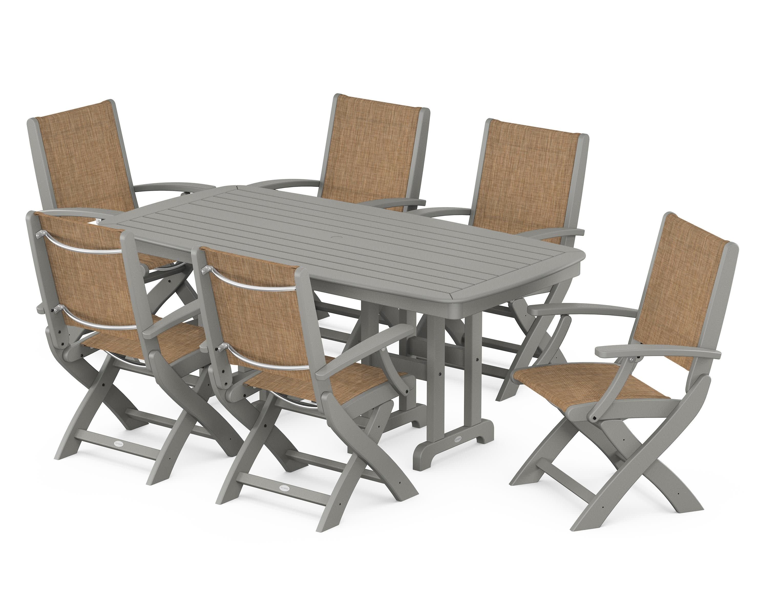 Coastal Folding Arm Chair 7-Piece Dining Set in Slate Grey / Burlap Sling