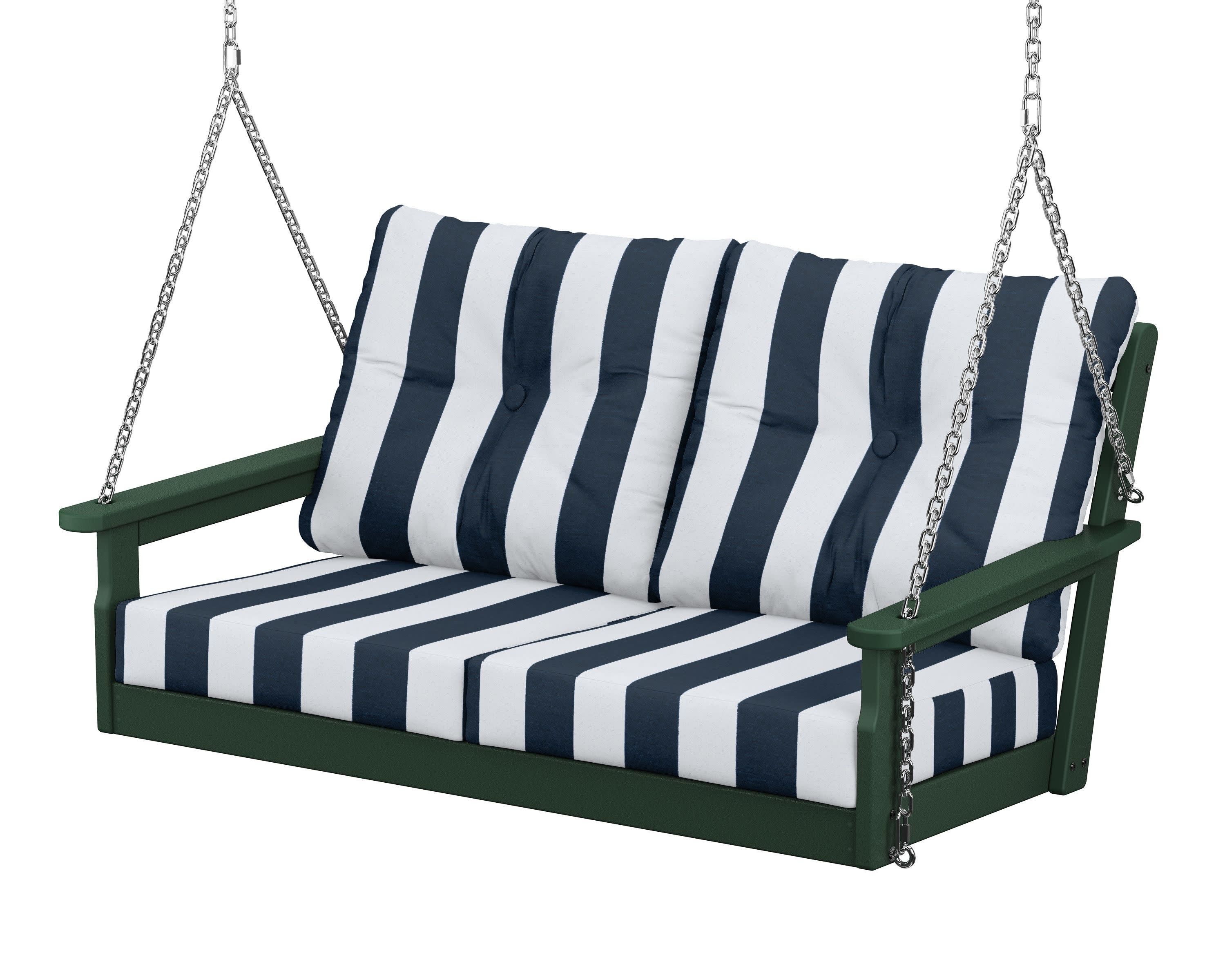 Vineyard Deep Seating Swing in Green / Cabana Stripe Marine Indigo