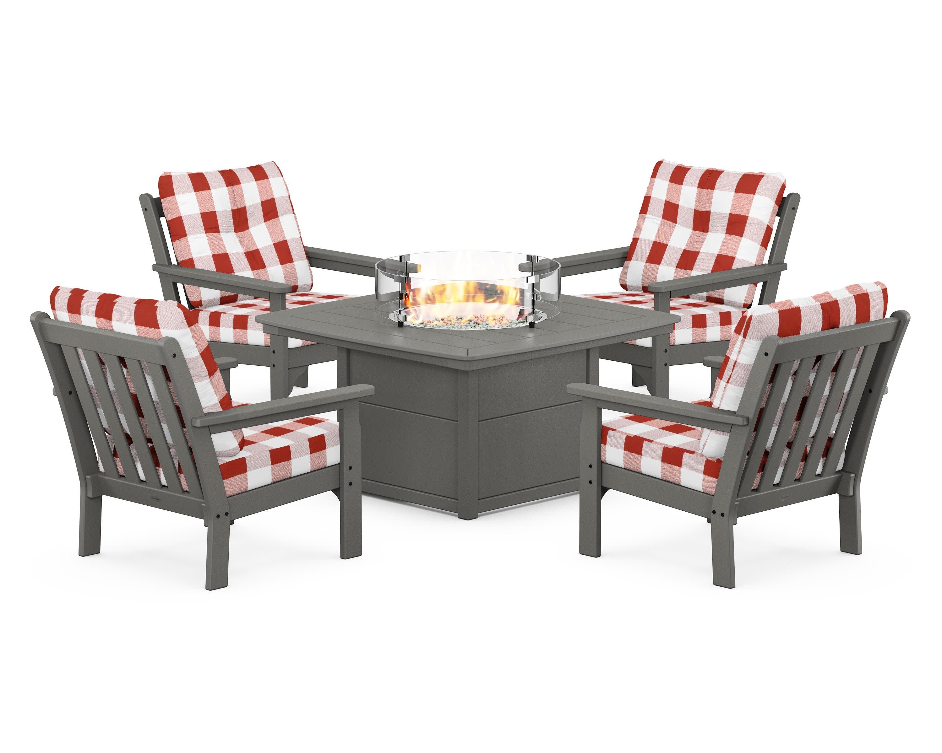 Vineyard 5-Piece Conversation Set with Fire Pit Table in Slate Grey / Buffalo Plaid Crimson