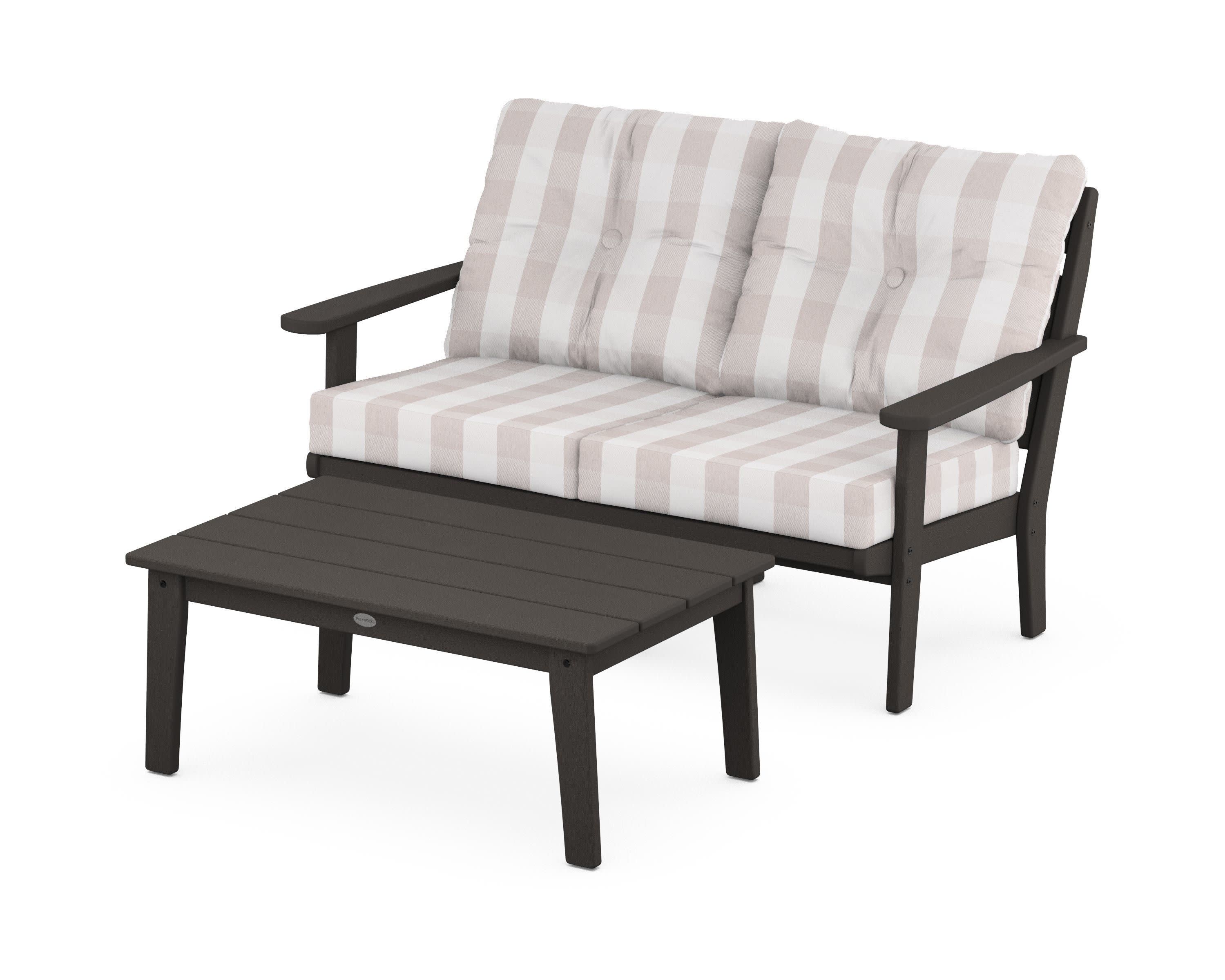 Lakeside 2-Piece Lounge Loveseat Set in Vintage Coffee / Buffalo Plaid Dune Burlap